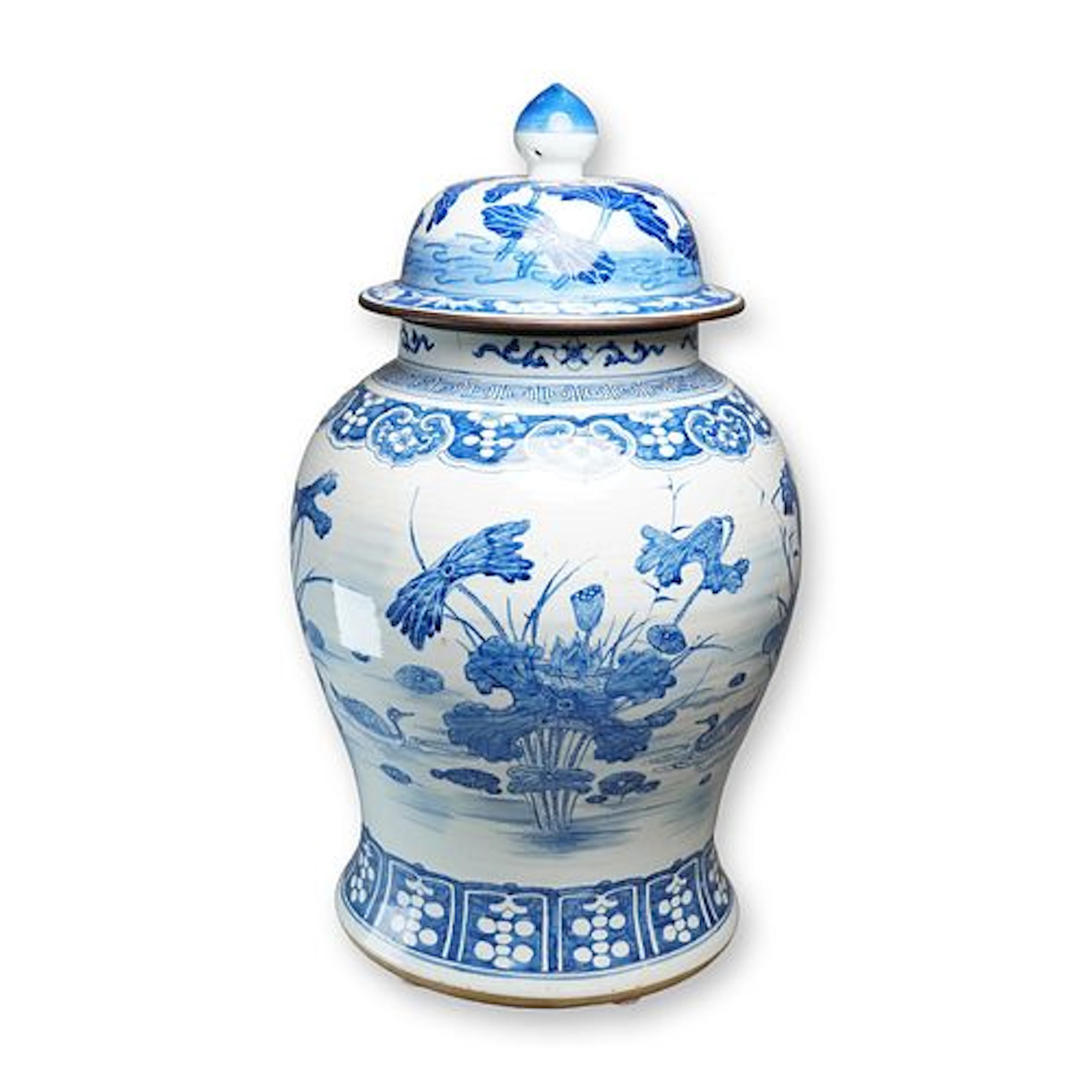 Chinese Large Blue and White Covered Japanese Vase w/ Lotus Pond Motif