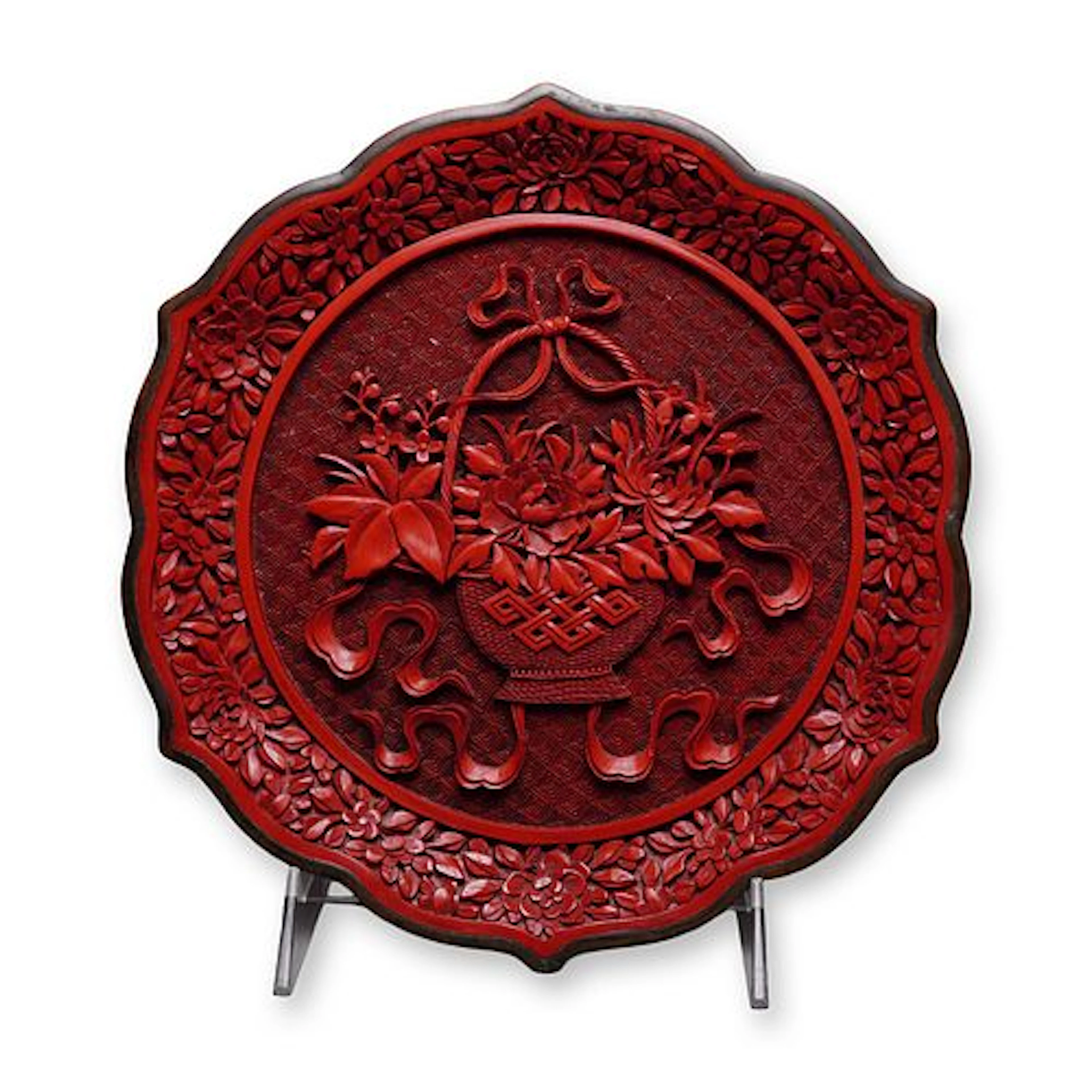 Chinese Carved Cinnabar Lacquer Plate with Floral Basket Motif