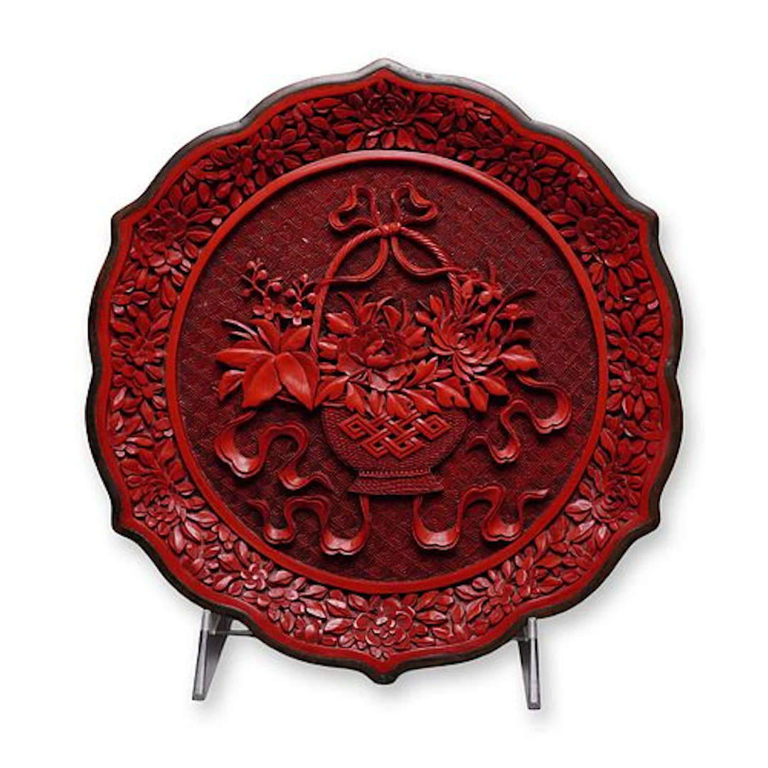 Chinese Carved Cinnabar Lacquer Plate with Floral Basket Motif