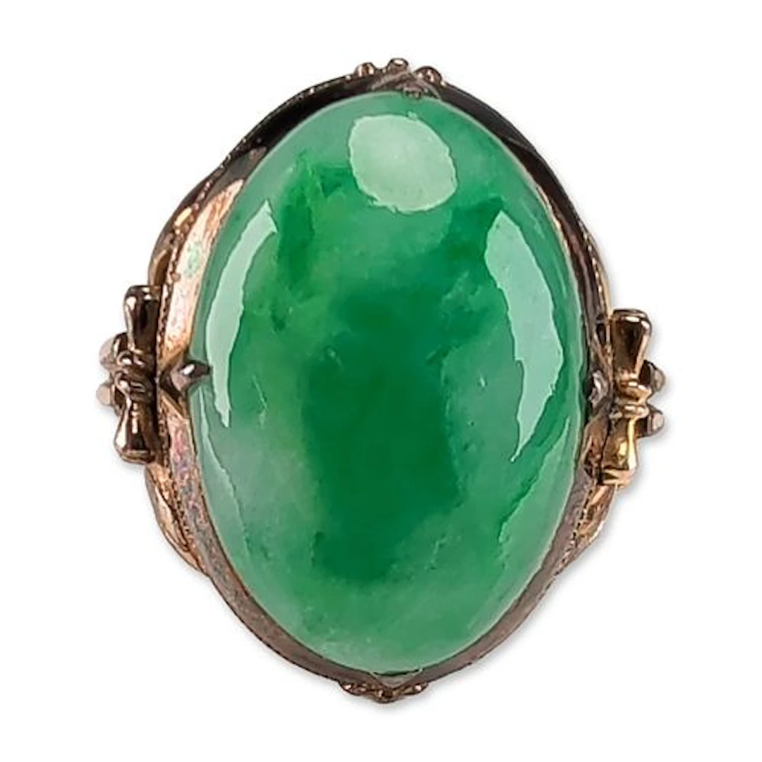 14K Yellow Gold Green Jade Cabochon Ring