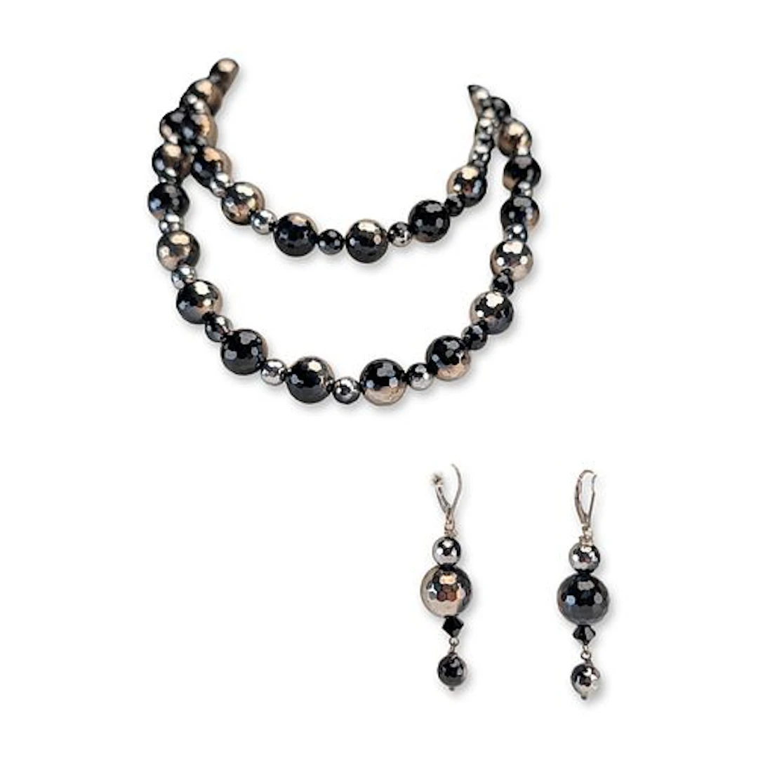 2pc Sterling Silver Onyx and Hematite Beaded Jewelry Suite