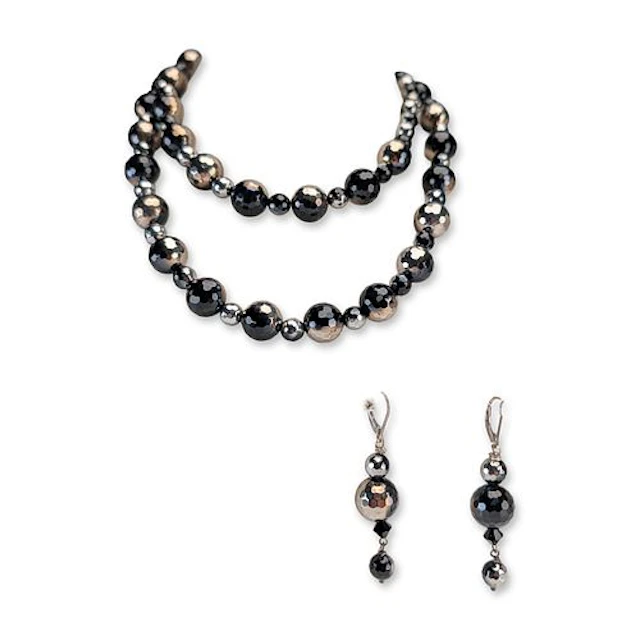 2pc Sterling Silver Onyx and Hematite Beaded Jewelry Suite