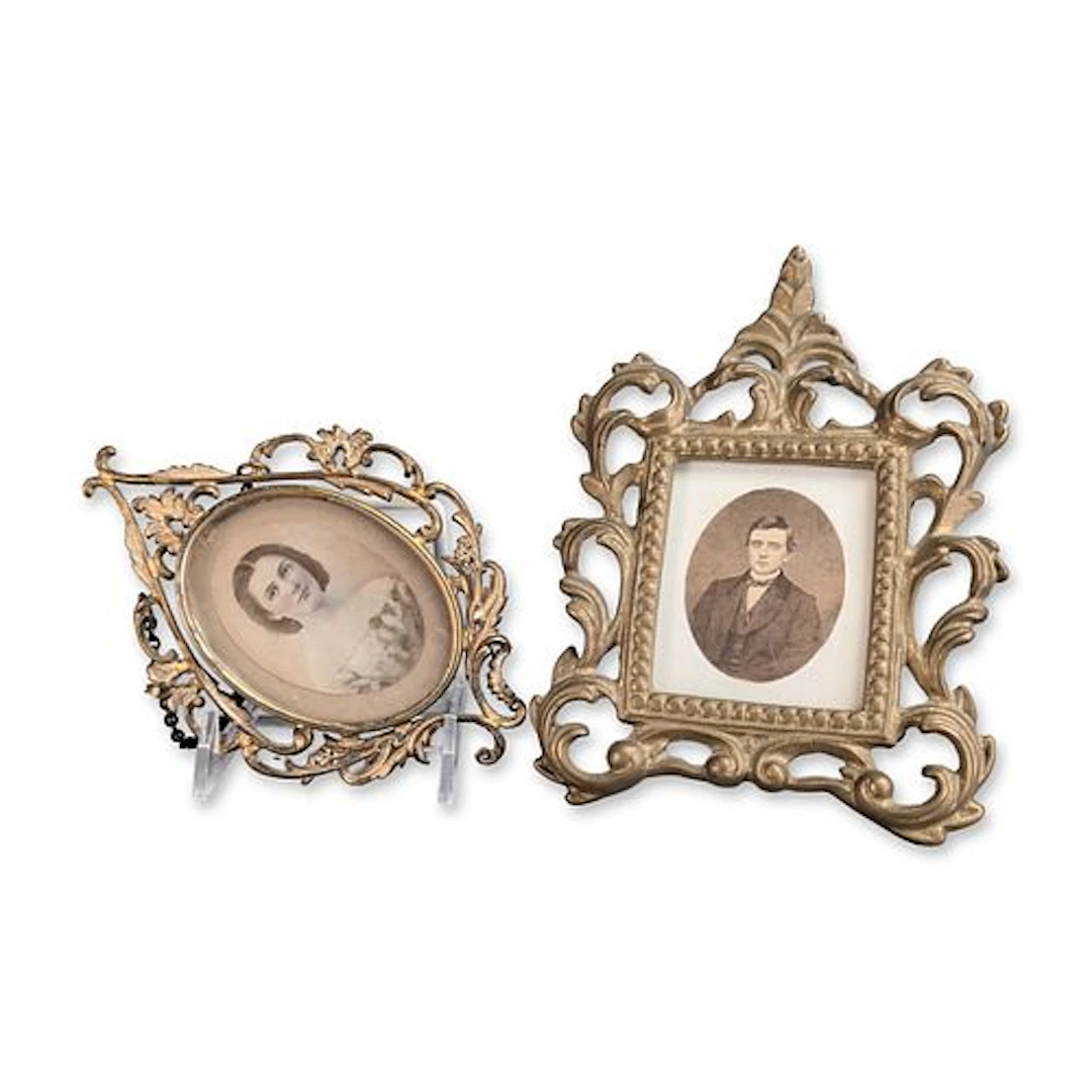 2pc Ornate Gilt Metal Miniature Hand-Colored Albumen Print Portraits