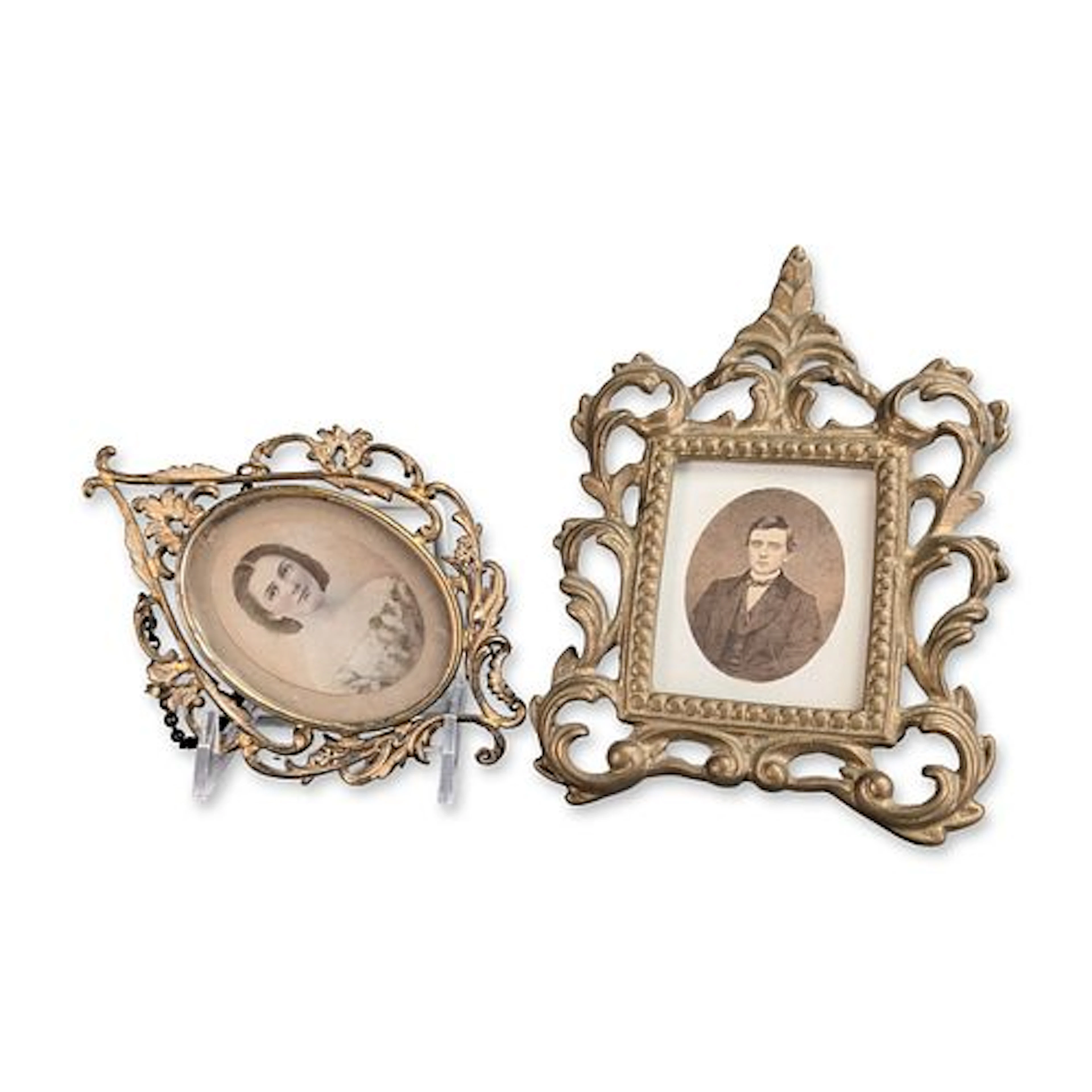 2pc Ornate Gilt Metal Miniature Hand-Colored Albumen Print Portraits