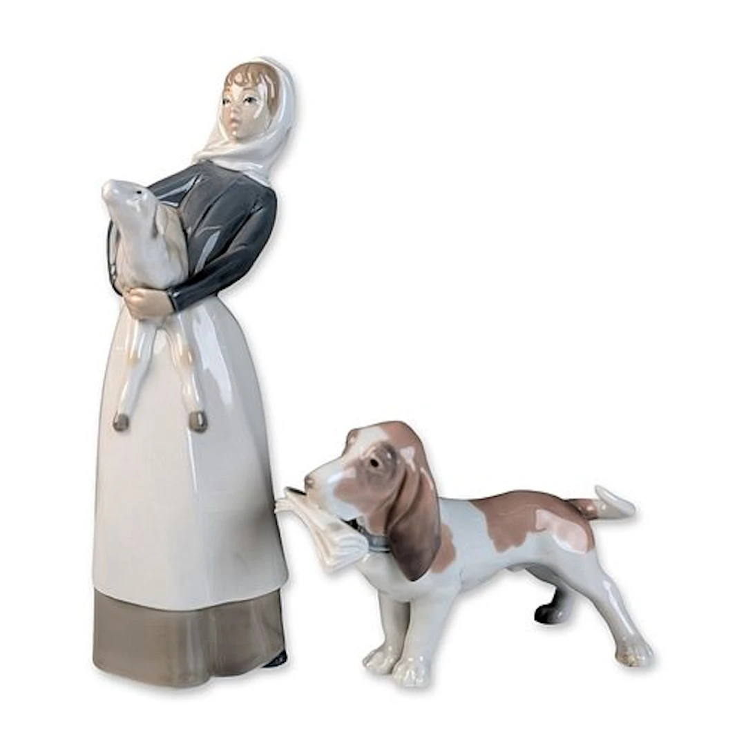 Two Lladro Glazed Porcelain Figurines, Girl with Lamb 01004584 & Morning