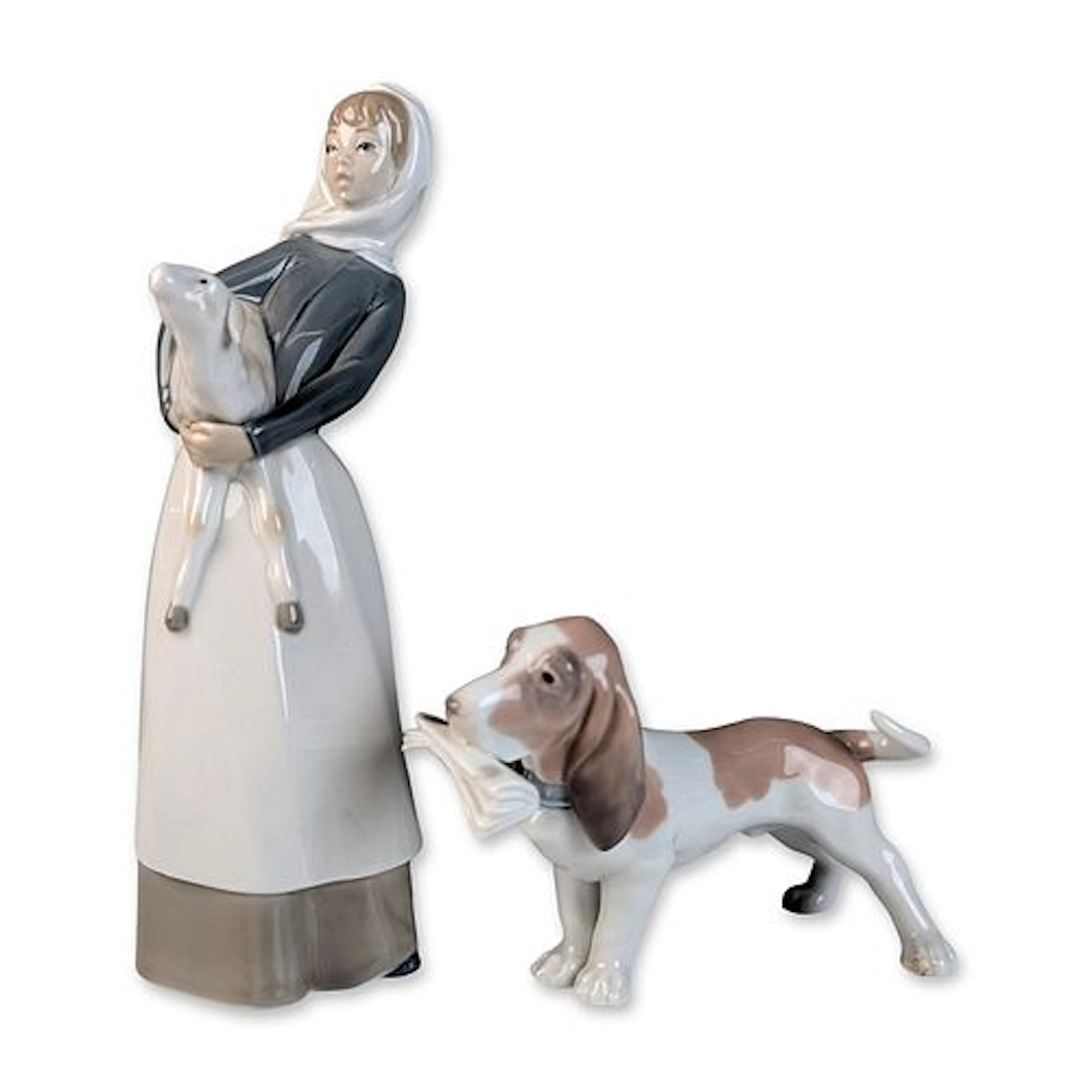 Two Lladro Glazed Porcelain Figurines, Girl with Lamb 01004584 & Morning