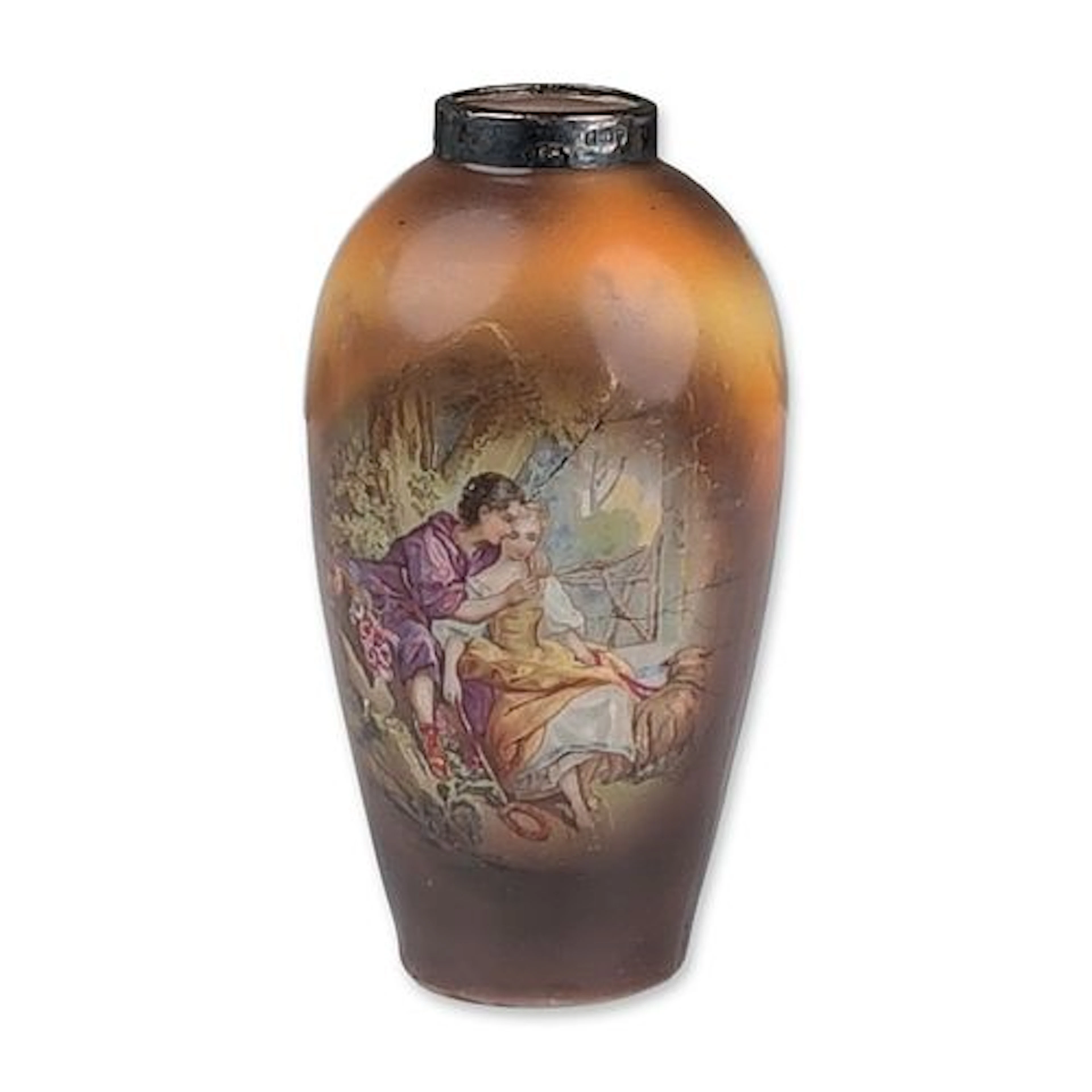 Silver Mounted Porcelain Courting Couple Perfume Bottle