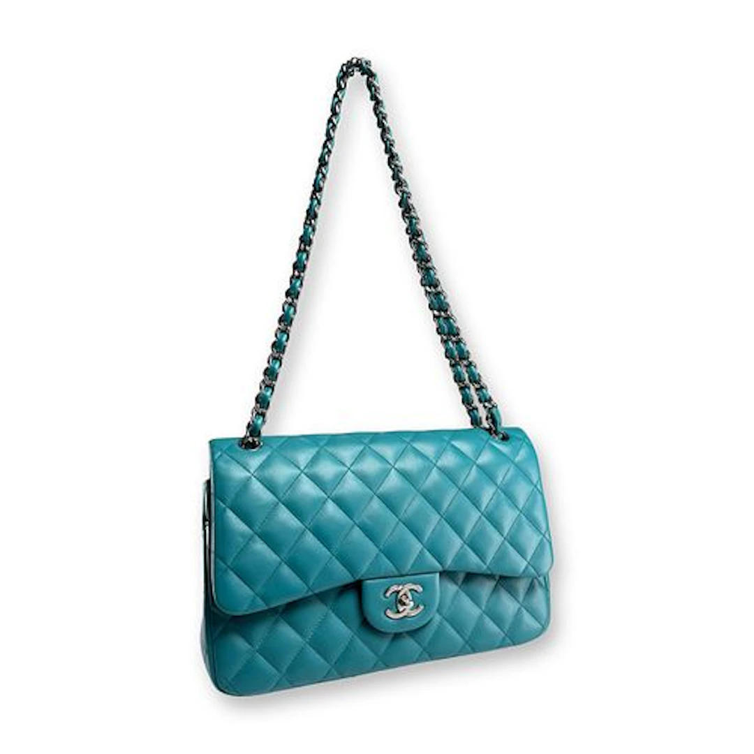 Chanel Paris Turquoise Quilted Leather Jumbo Double Flap Bag w/ COA