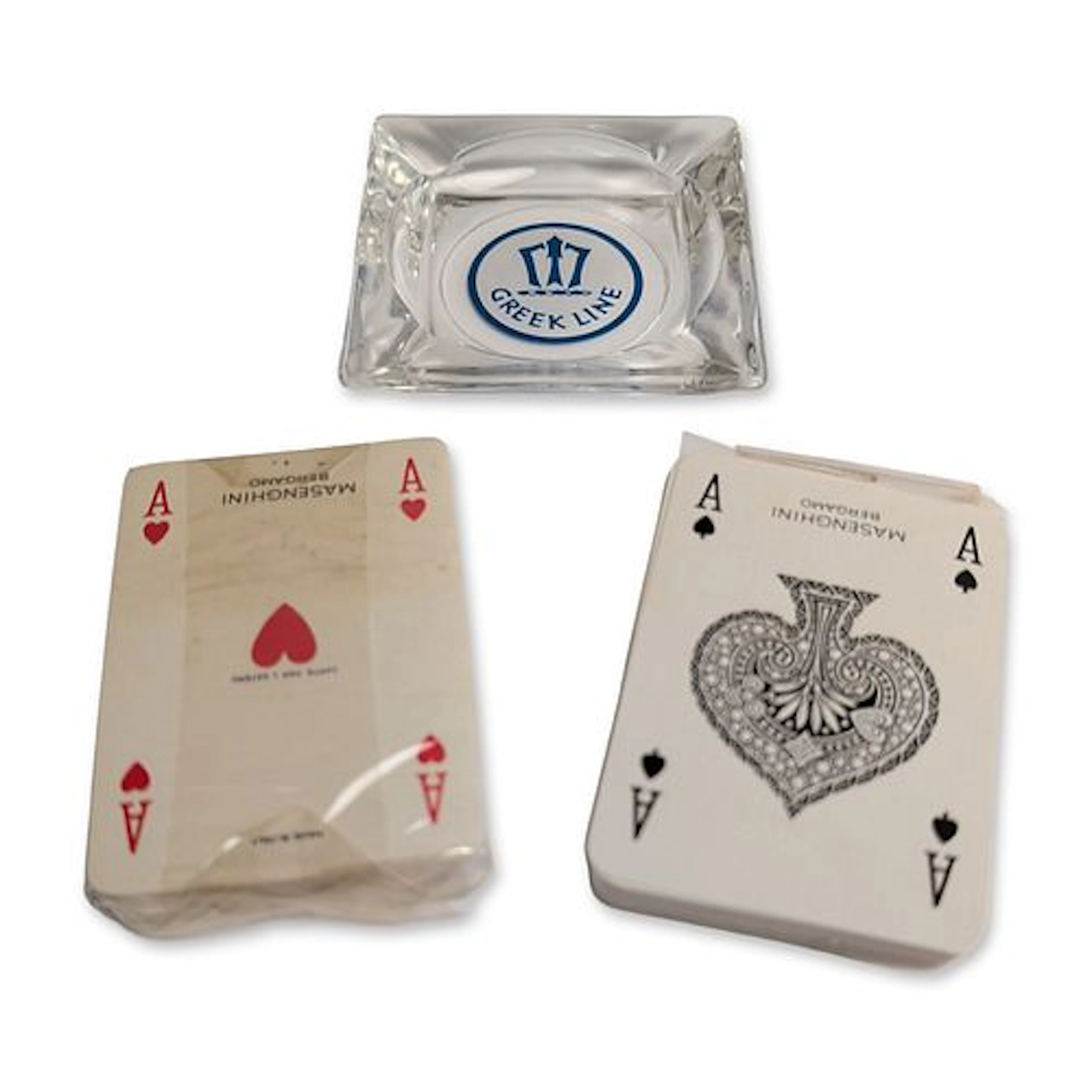 2pc Greek Line Playing Cards and Glass Ashtray