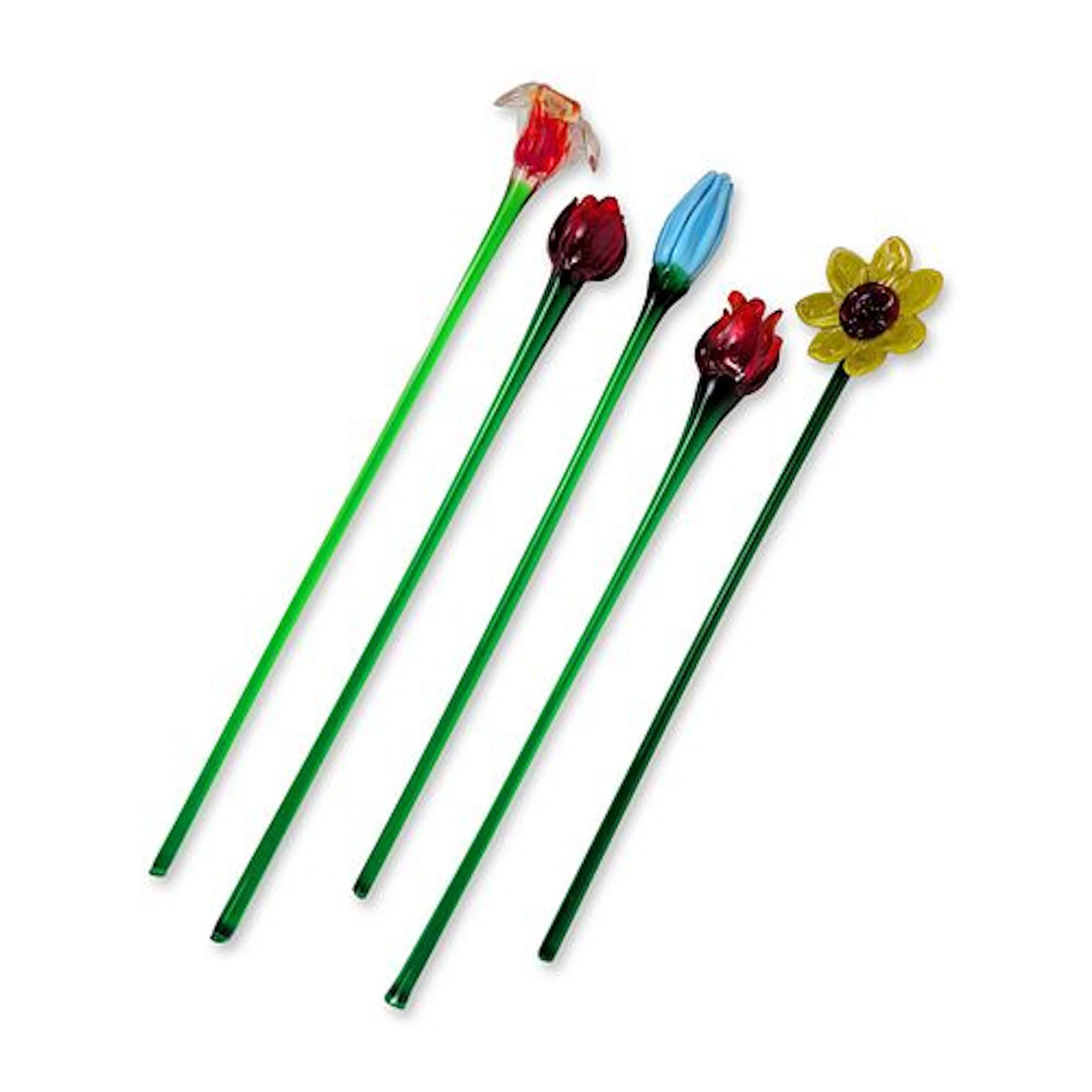 5pc Murano Style Blown Glass Long Stem Flowers