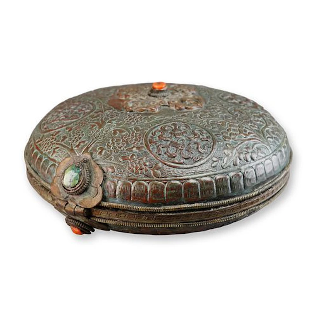 Tibetan Repousse Copper Dorje and Foliate Hinged Box