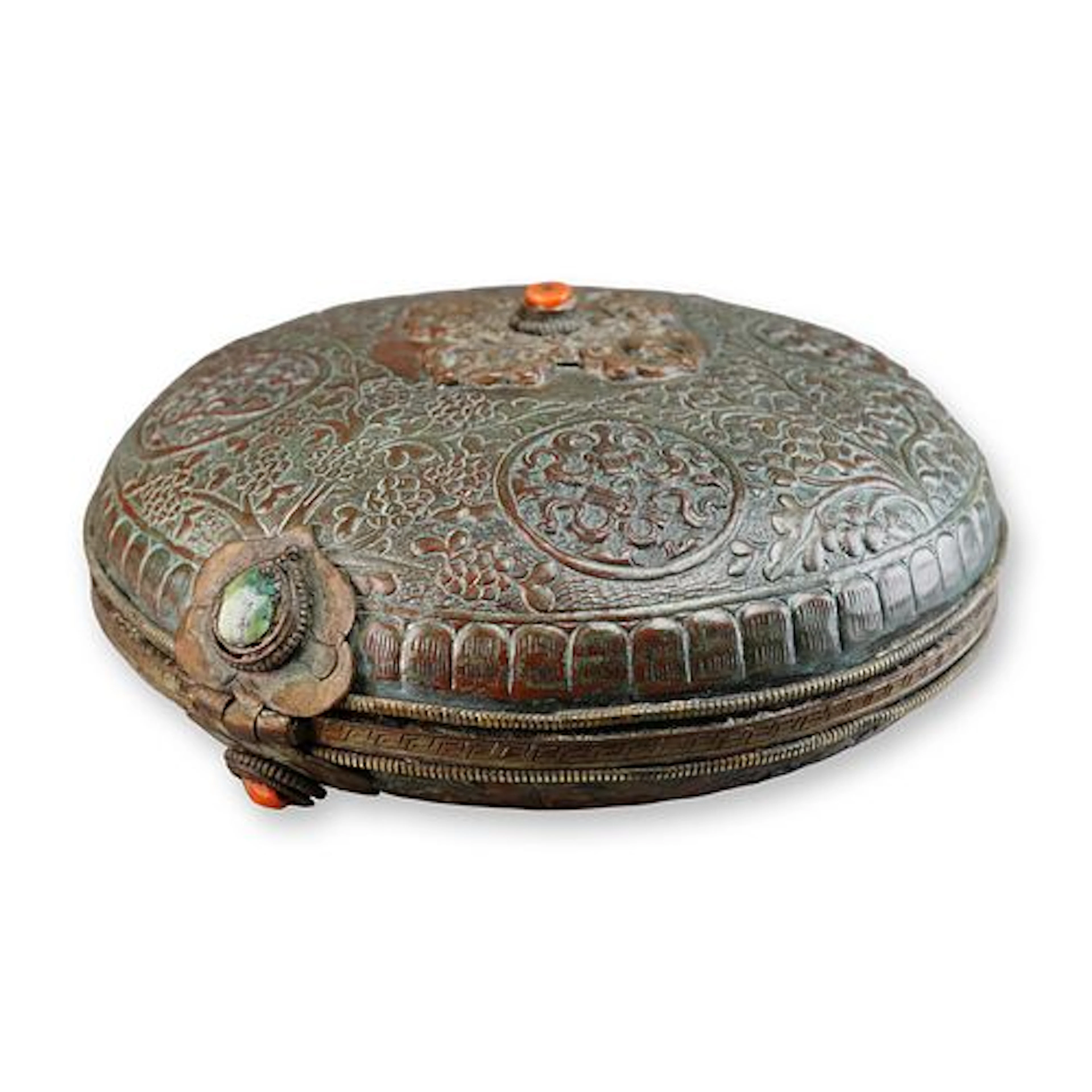 Tibetan Repousse Copper Dorje and Foliate Hinged Box