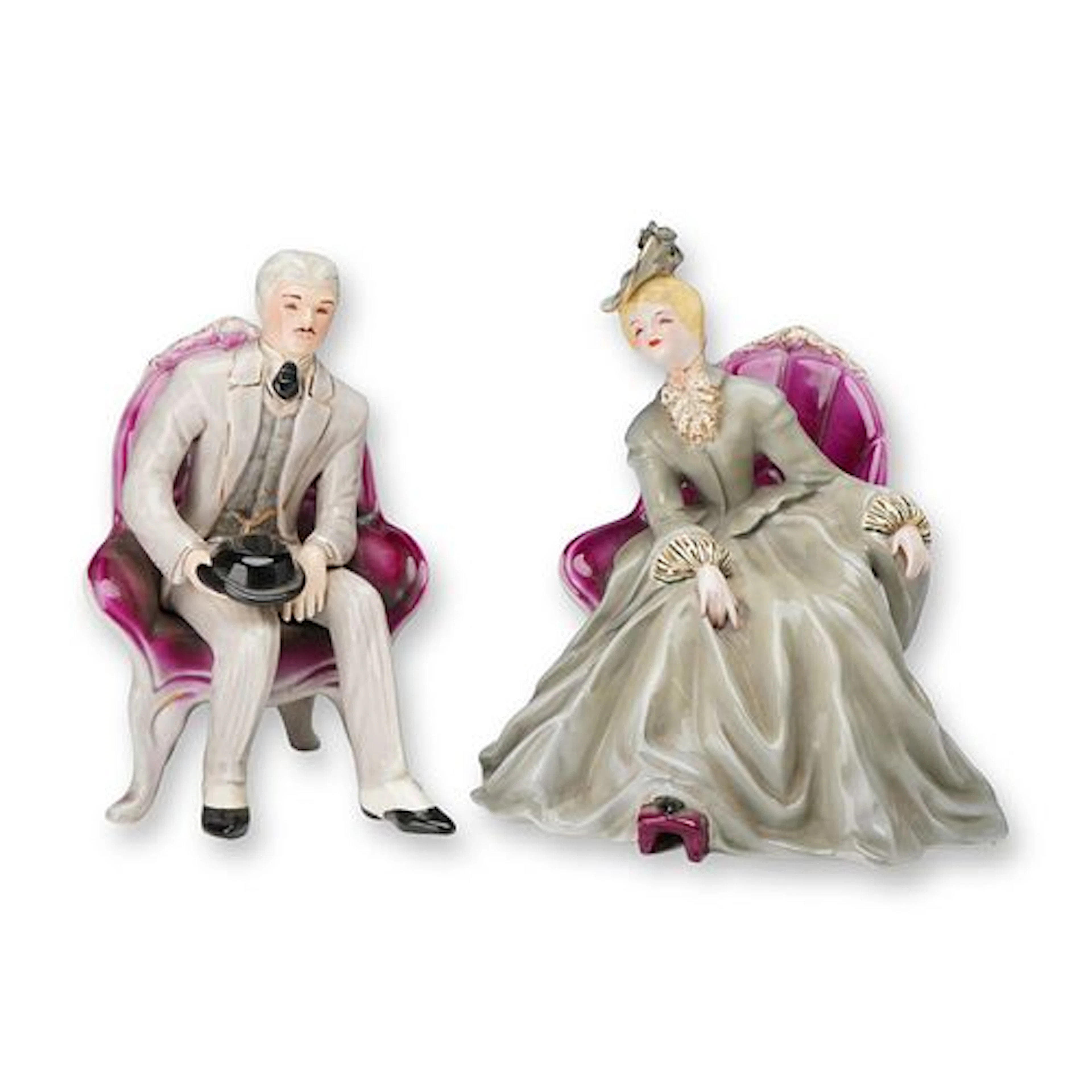 Pair of Florence Ceramics Victorian Gentleman and Lady Seated Figurines