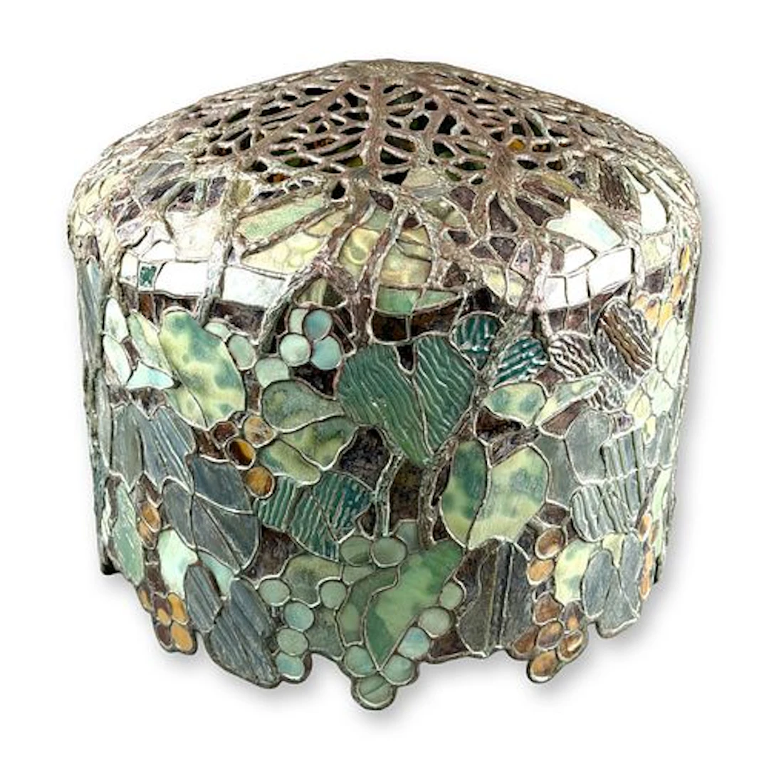 Attributed to Tiffany Studios New York Grape Leaded Glass and Patinated