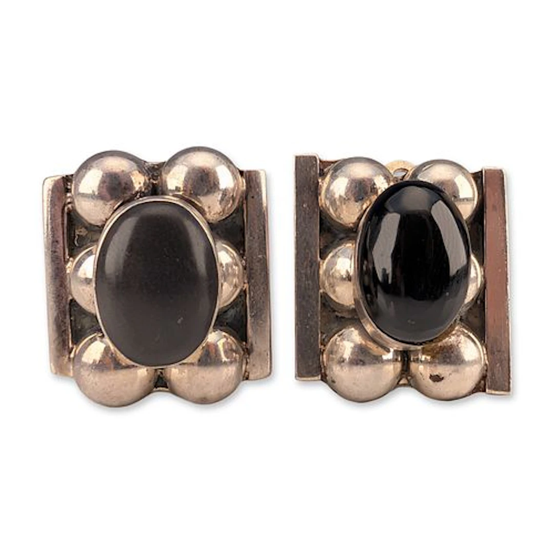 Pair of Taxco Sterling Silver and Black Onyx Clip Earrings