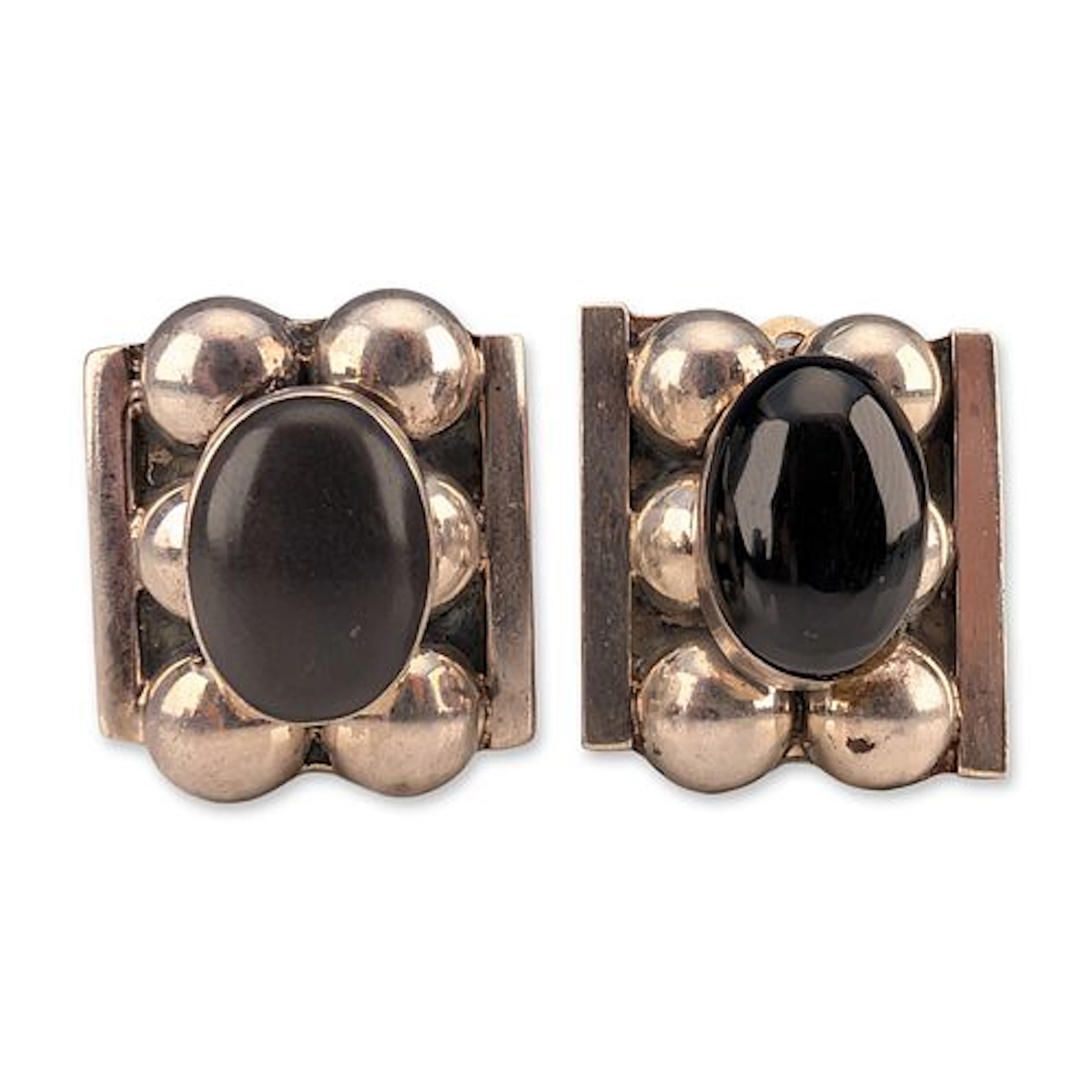 Pair of Taxco Sterling Silver and Black Onyx Clip Earrings