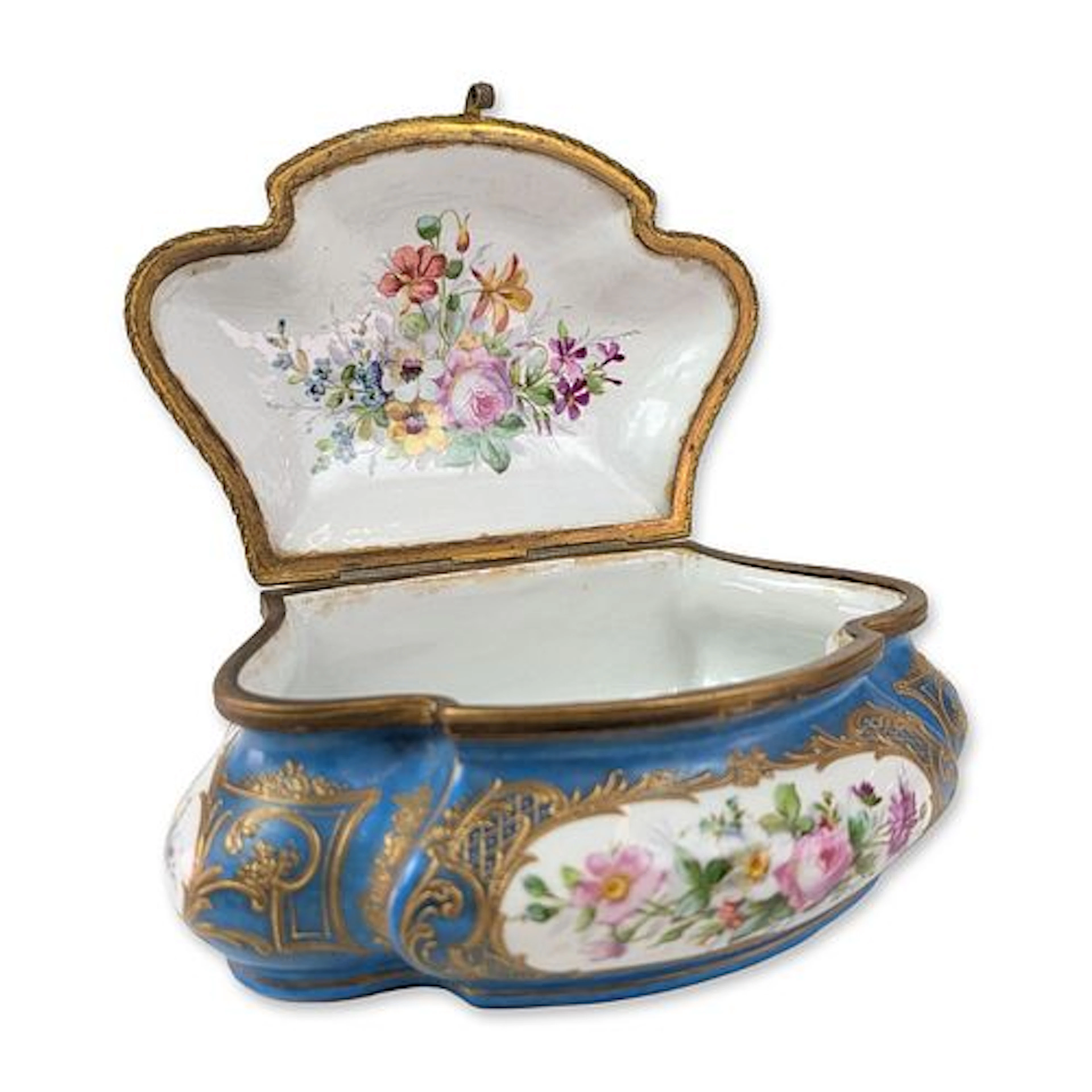 French Sevres Style Gilt Hand-Painted Porcelain Bombe Dresser Box w/ Signature