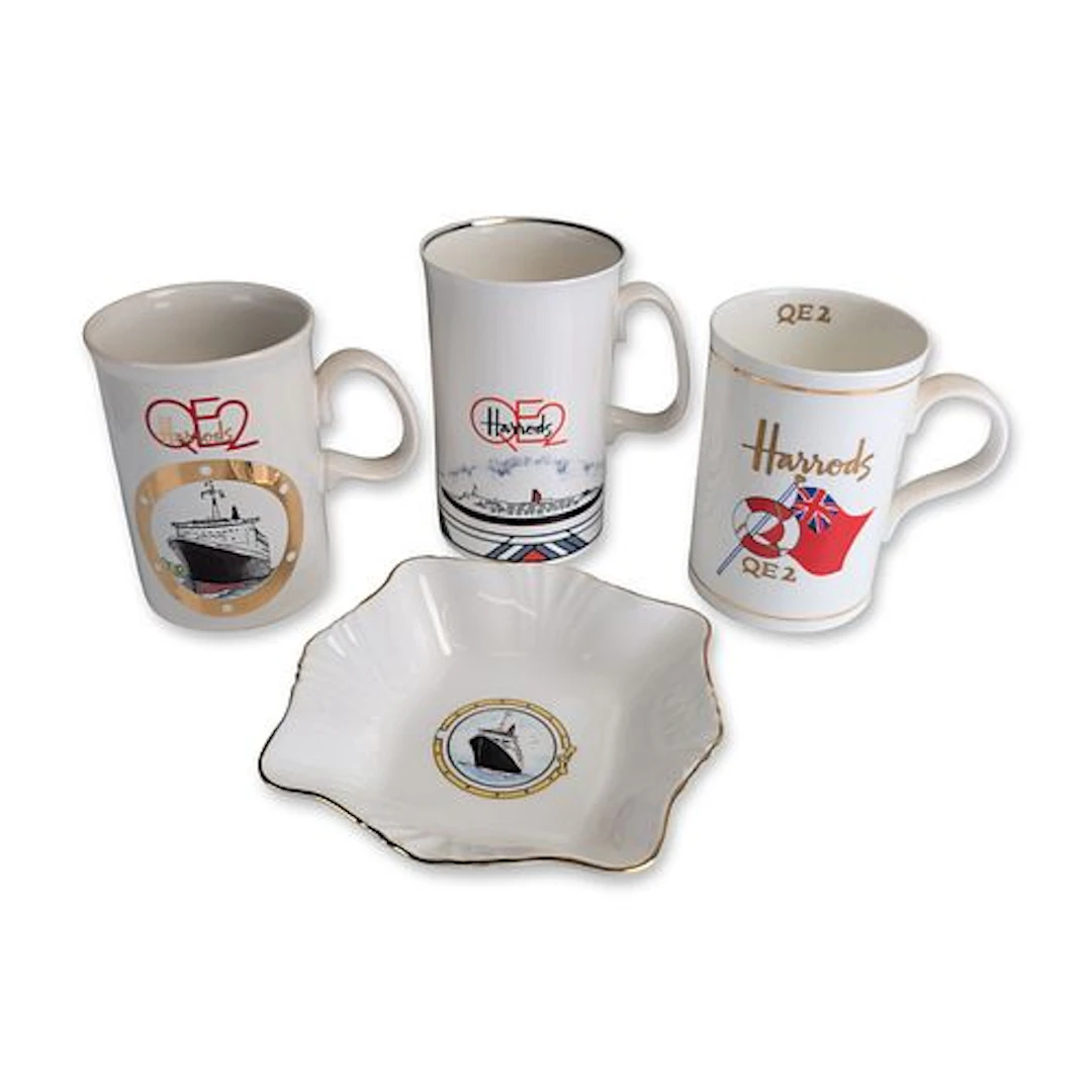 4pc Harrods RMS Queen Elizabeth 2 Maritime Commemorative Ceramic Cups