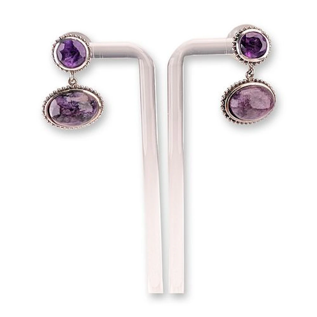 Sterling Silver Amethyst and Charoite Drop Earrings