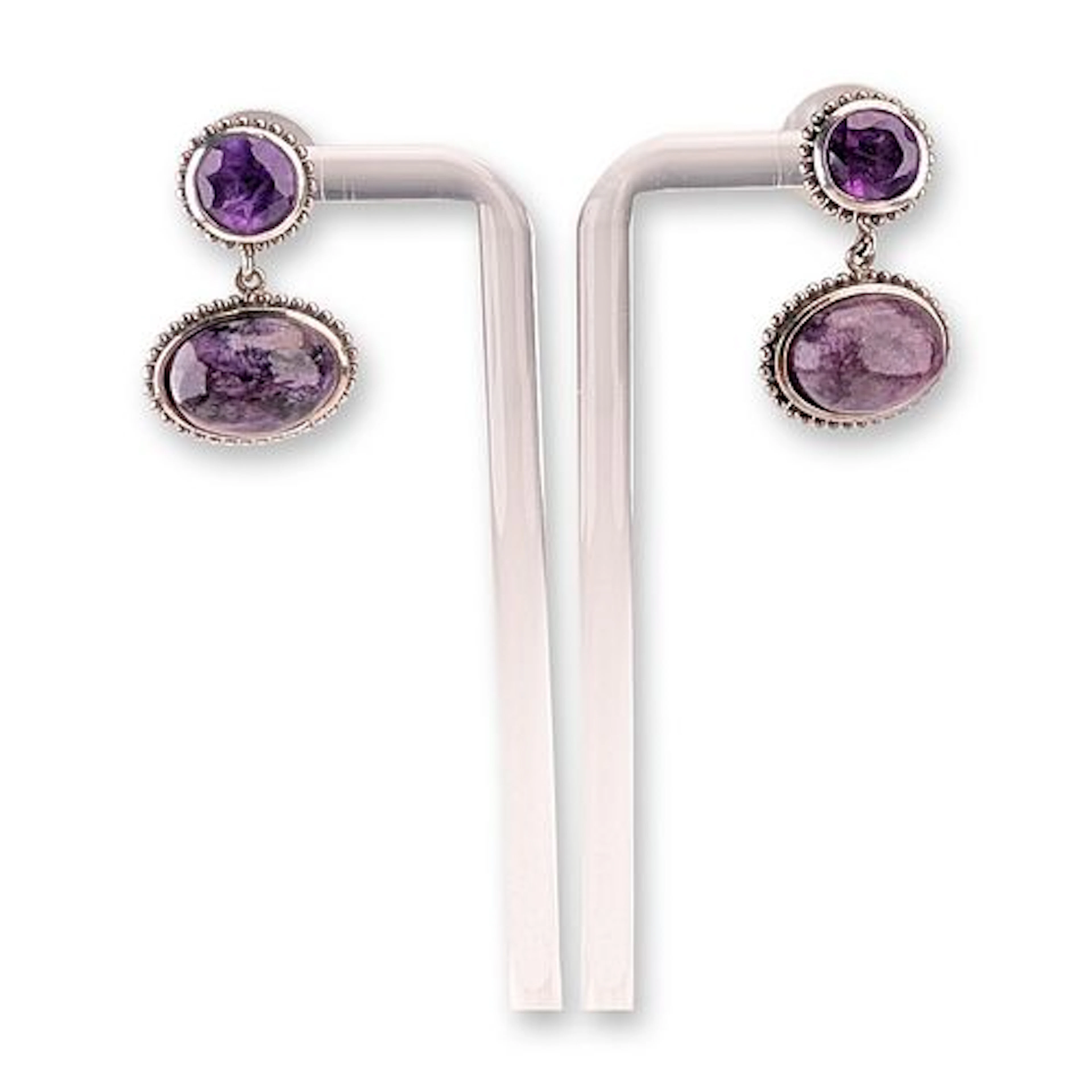 Sterling Silver Amethyst and Charoite Drop Earrings