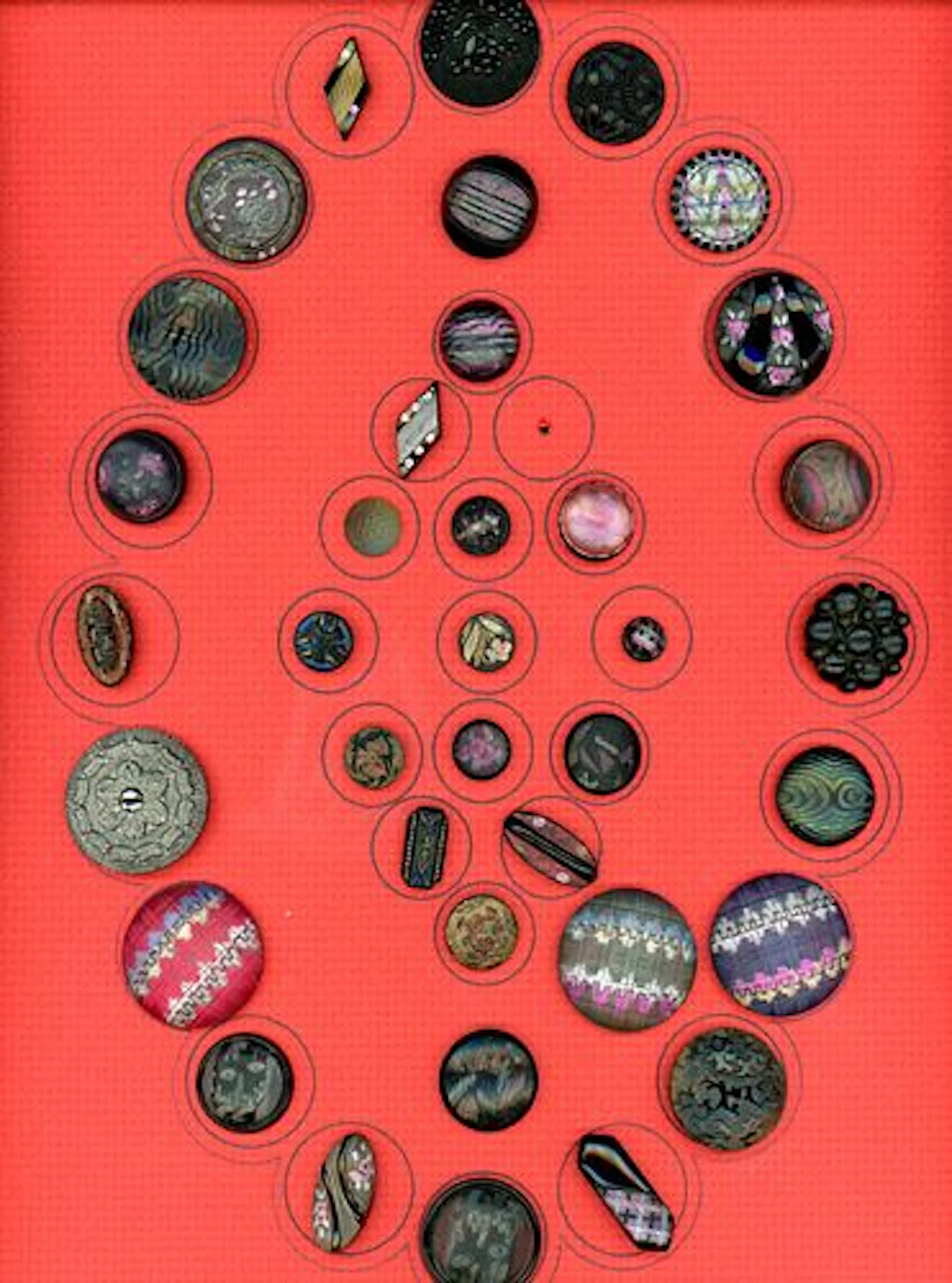 A CARD OF DIVISION ONE COLORFUL BLACK GLASS BUTTONS