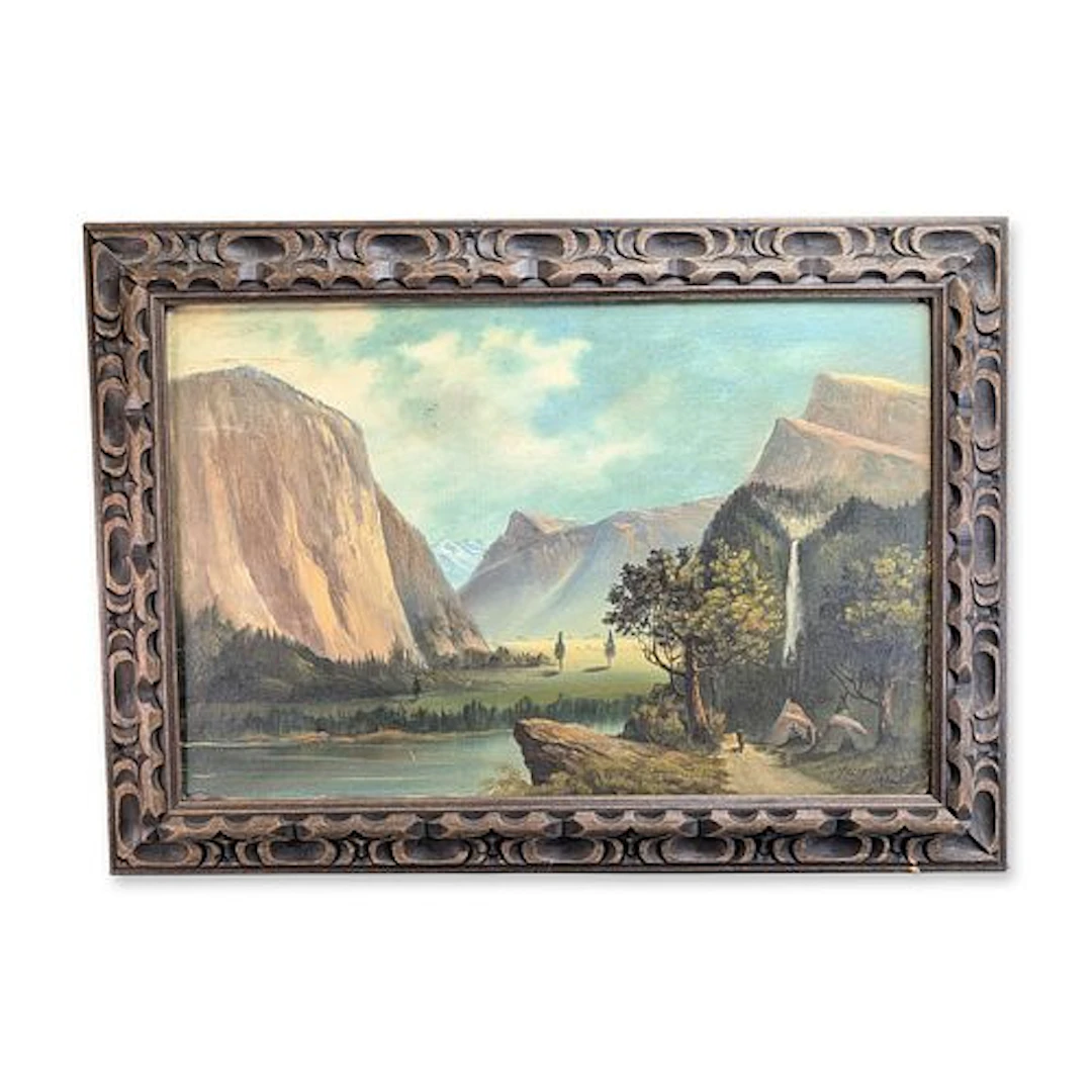 Yosemite Valley Landscape with Encampment, Oil on Board, Signed