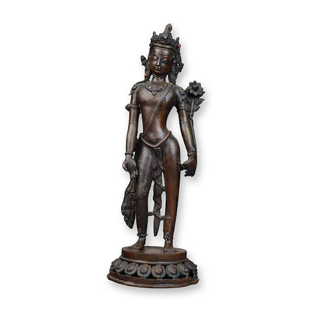 Nepalese Bronze Figure of a Standing Deity with Inlaid Stones