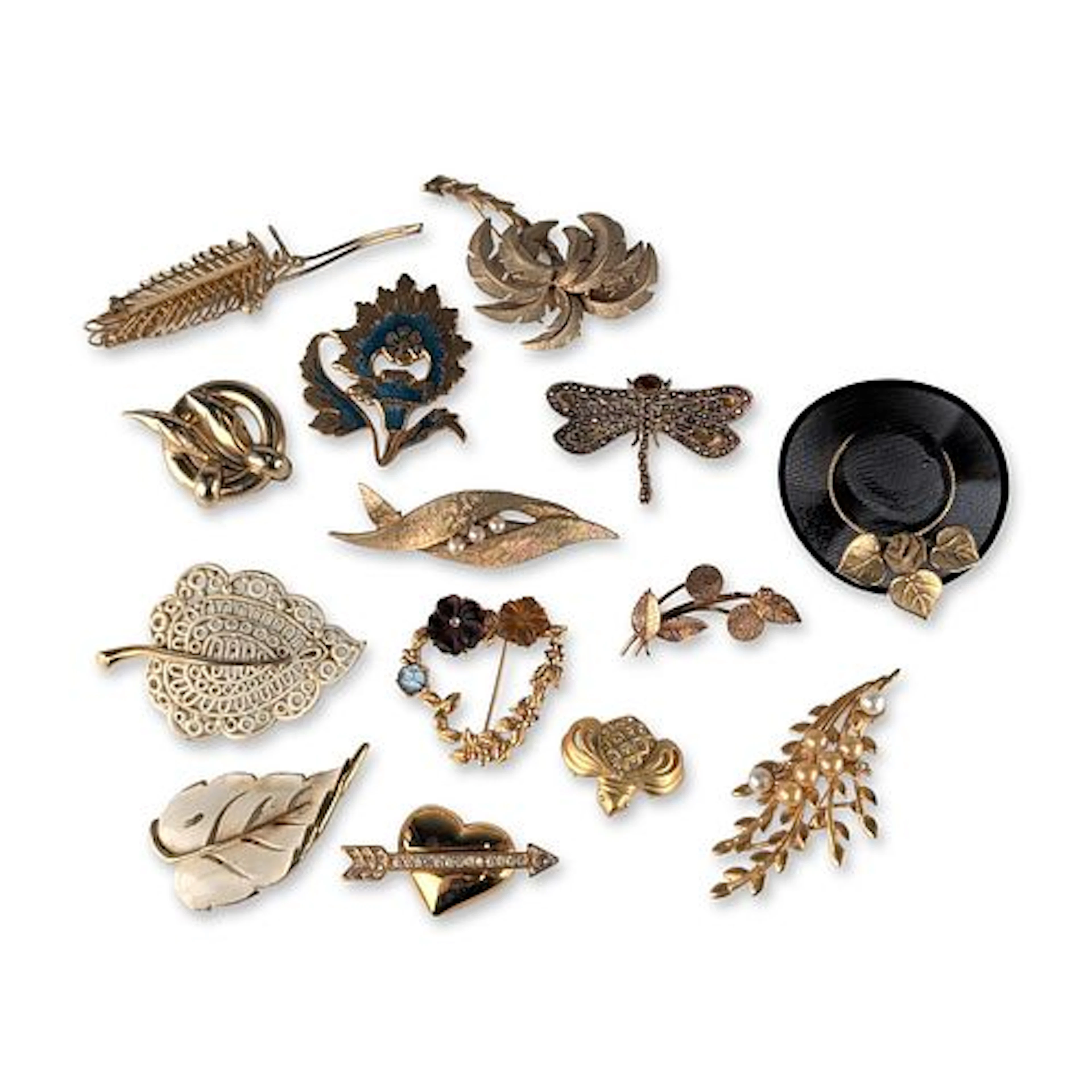 14pc Vintage Gold Tone Botanical and Figural Costume Brooch Pins
