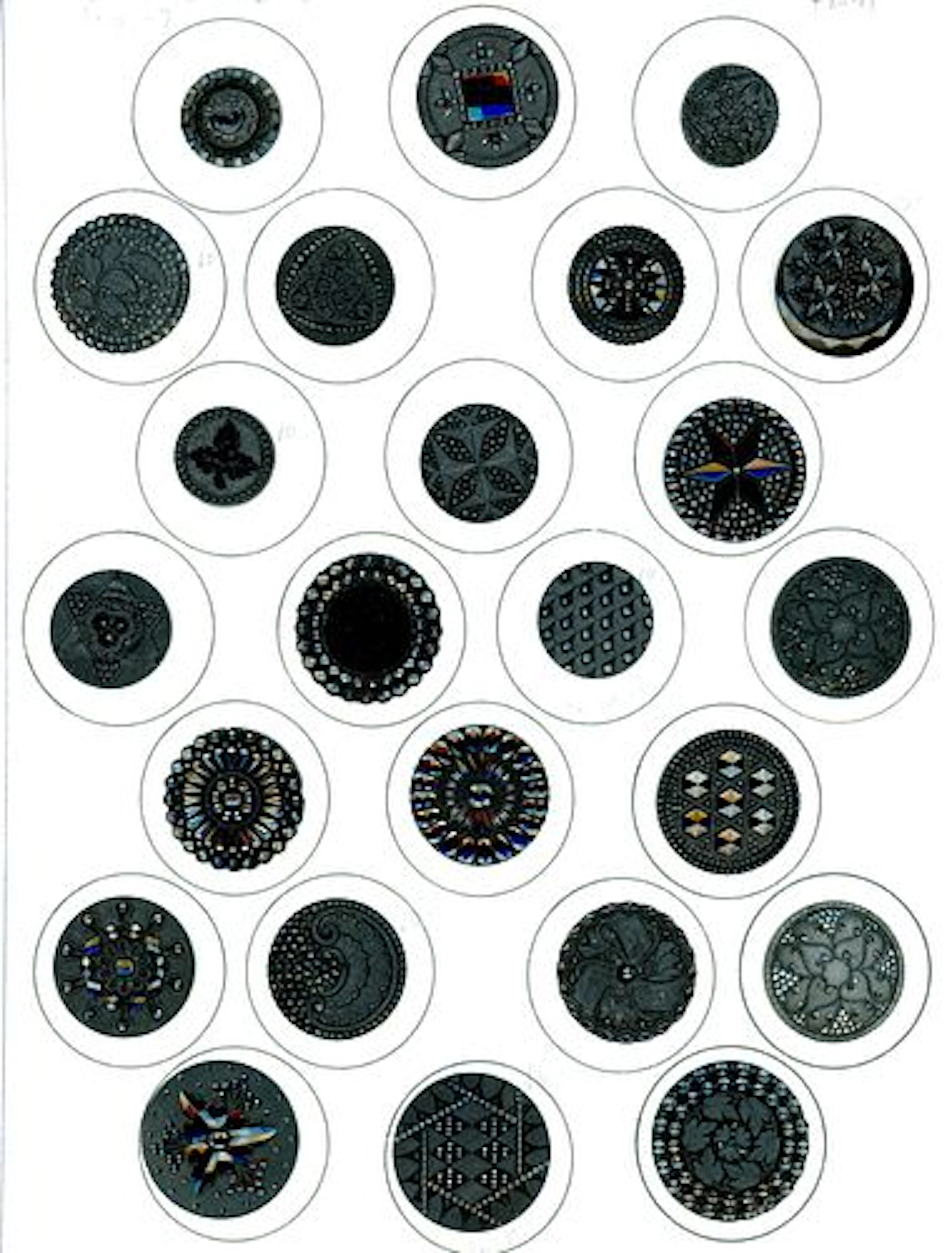 A CARD OF DIVISION ONE BLACK GLASS BUTTONS