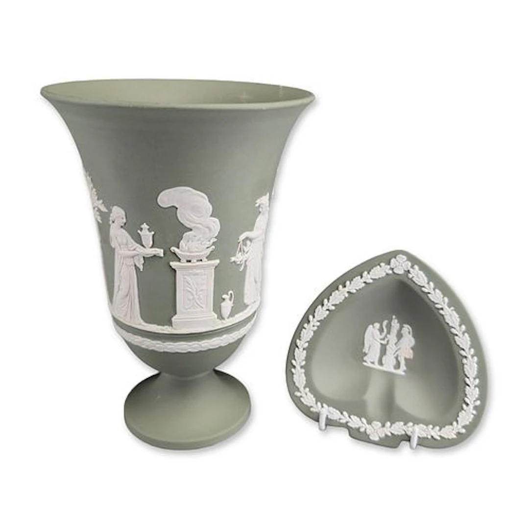 2pc Wedgwood Sage Green Jasperware Pedestal Vase and Heart Dish