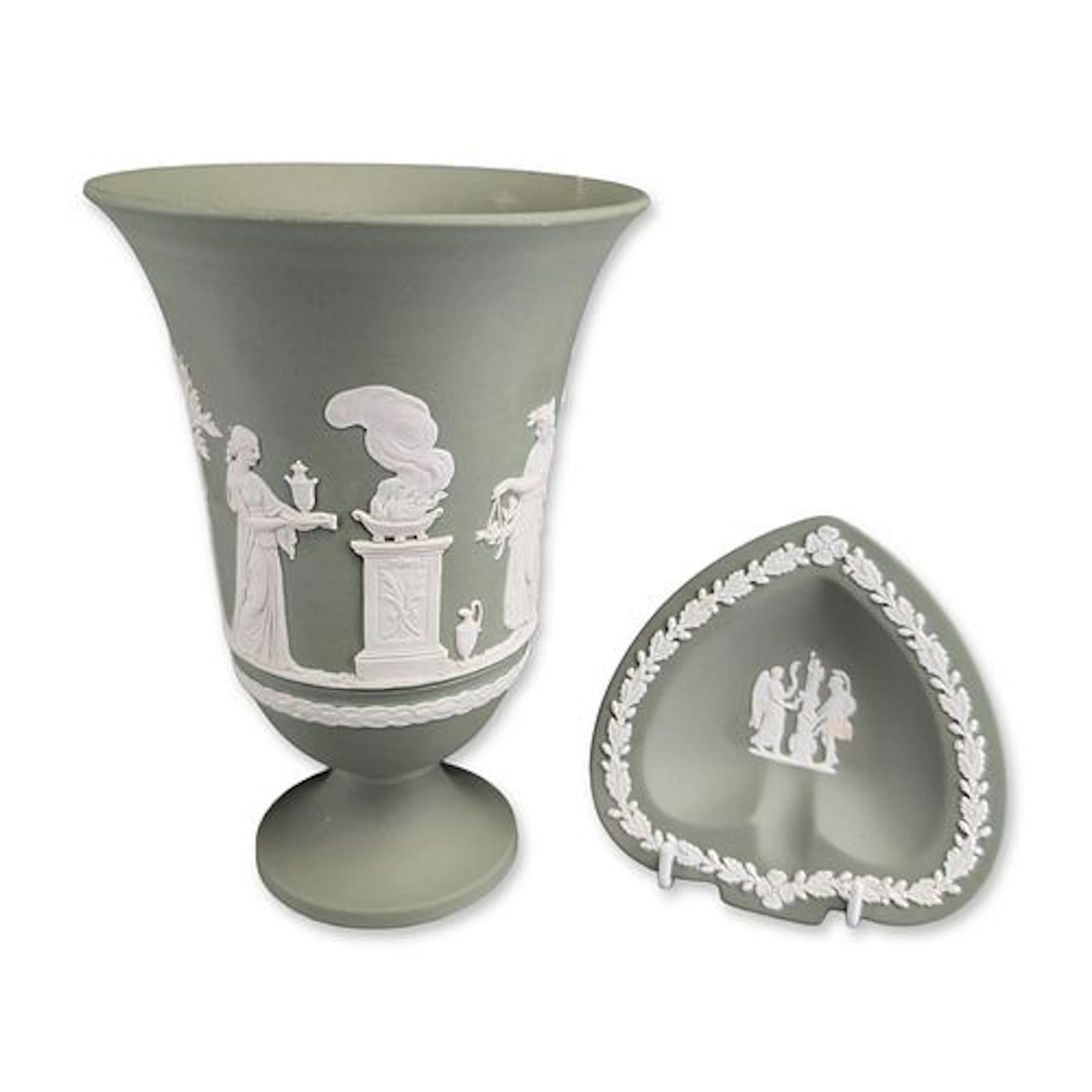 2pc Wedgwood Sage Green Jasperware Pedestal Vase and Heart Dish