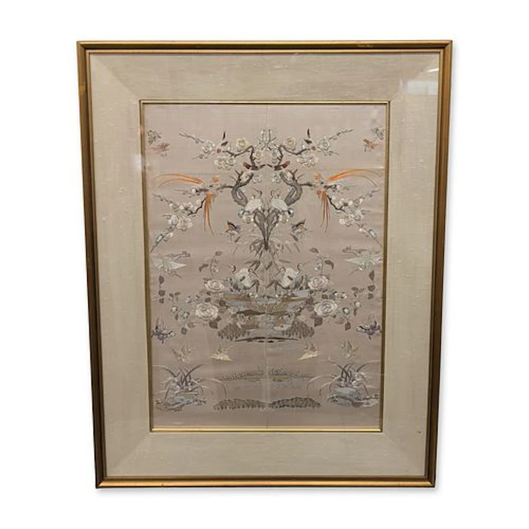 Chinese Framed Silk Embroidery Flora and Fauna Panel