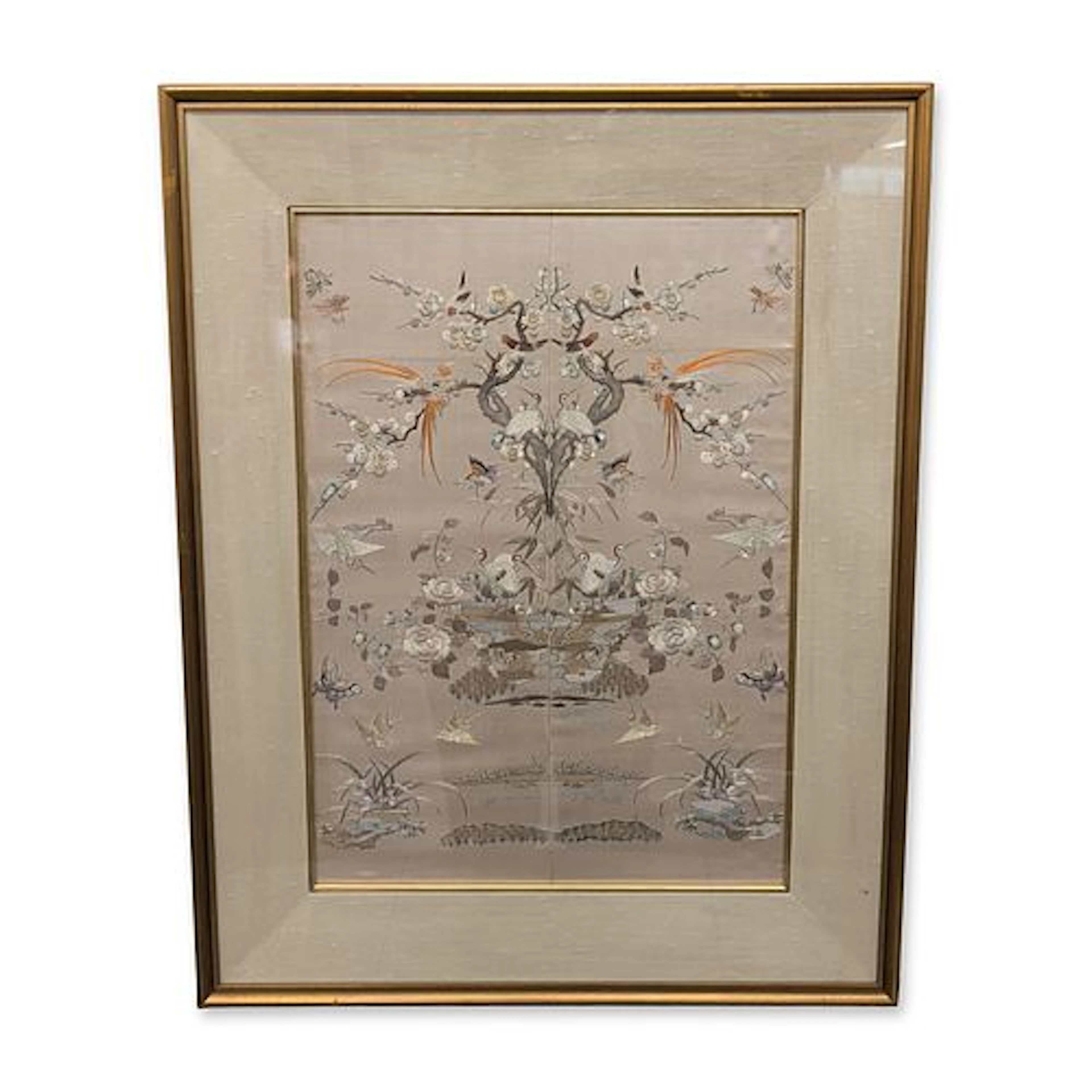 Chinese Framed Silk Embroidery Flora and Fauna Panel