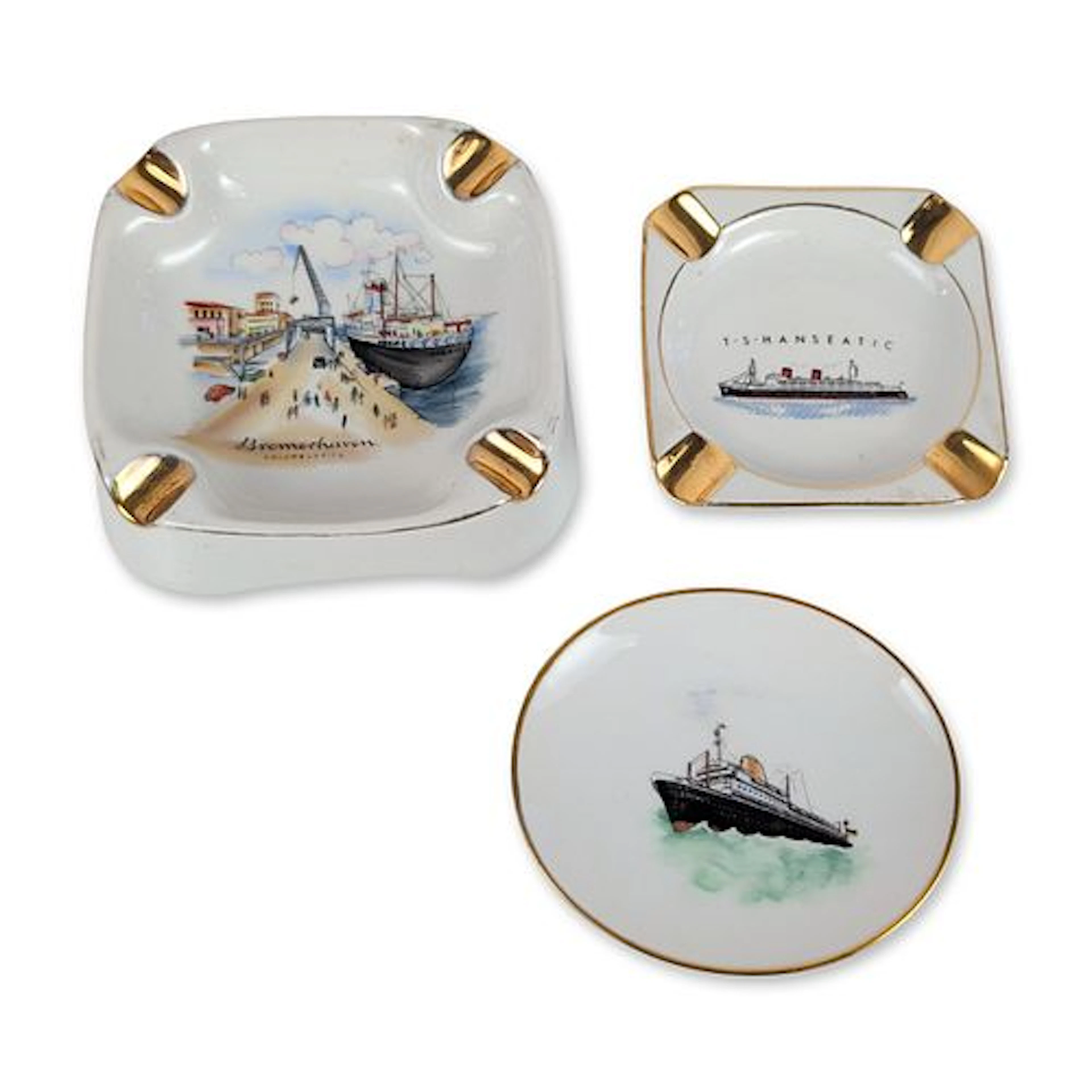 3p German Porcelain Maritime Souvenir Items