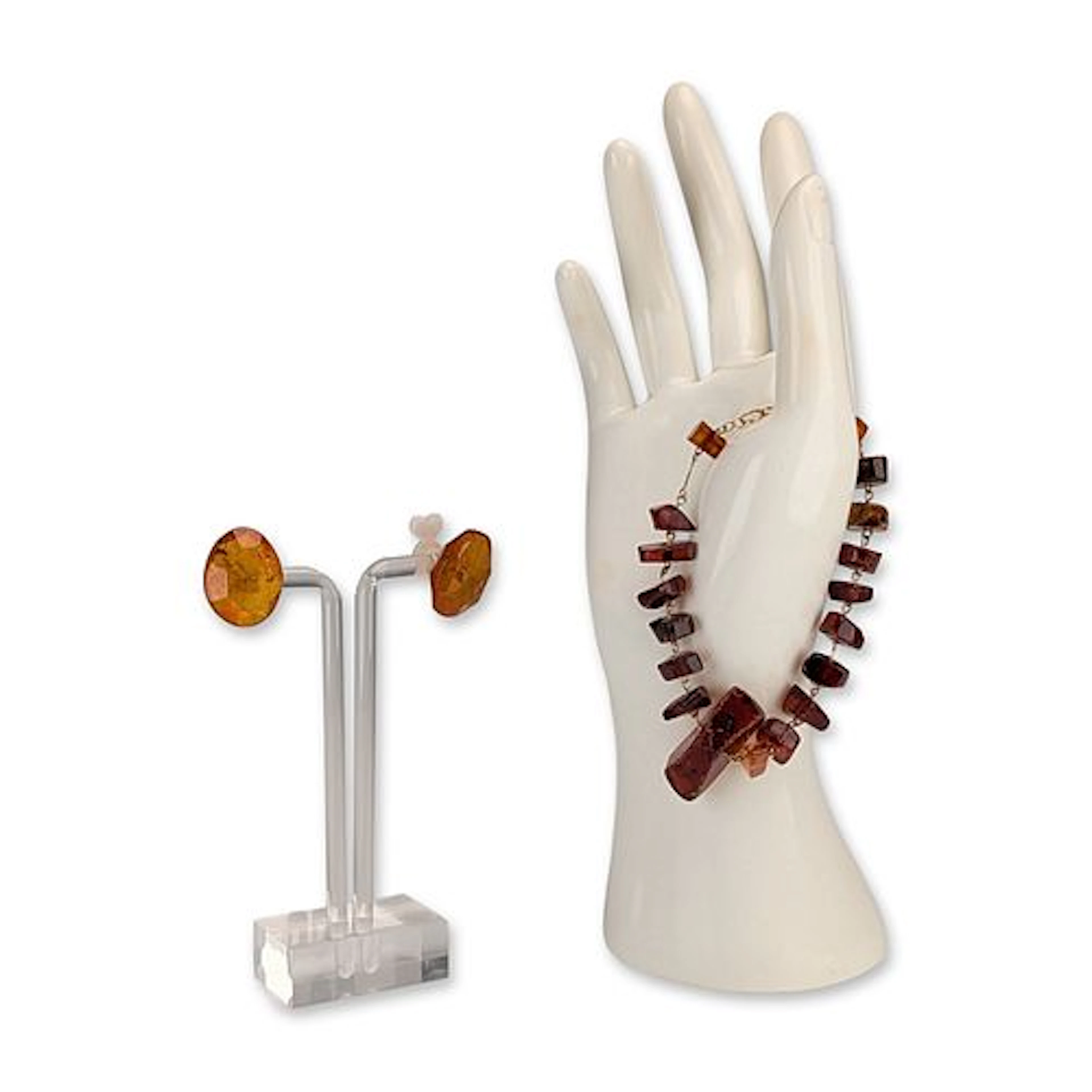 2pc Amber Beaded Bracelet and Stud Earrings
