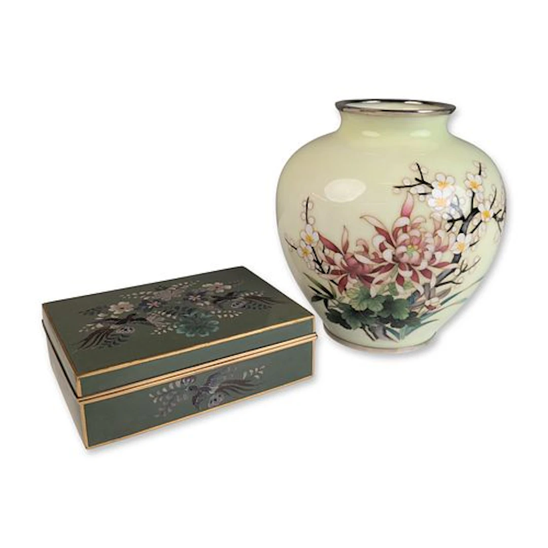 2pc Japanese Cloisonne Enamel Vase and Metal Box