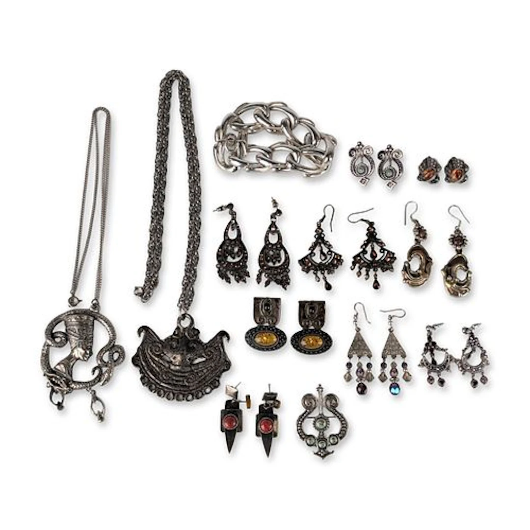 13pc Silver Tone and Egyptian Revival Costume Jewelry Bracelet, Necklaces