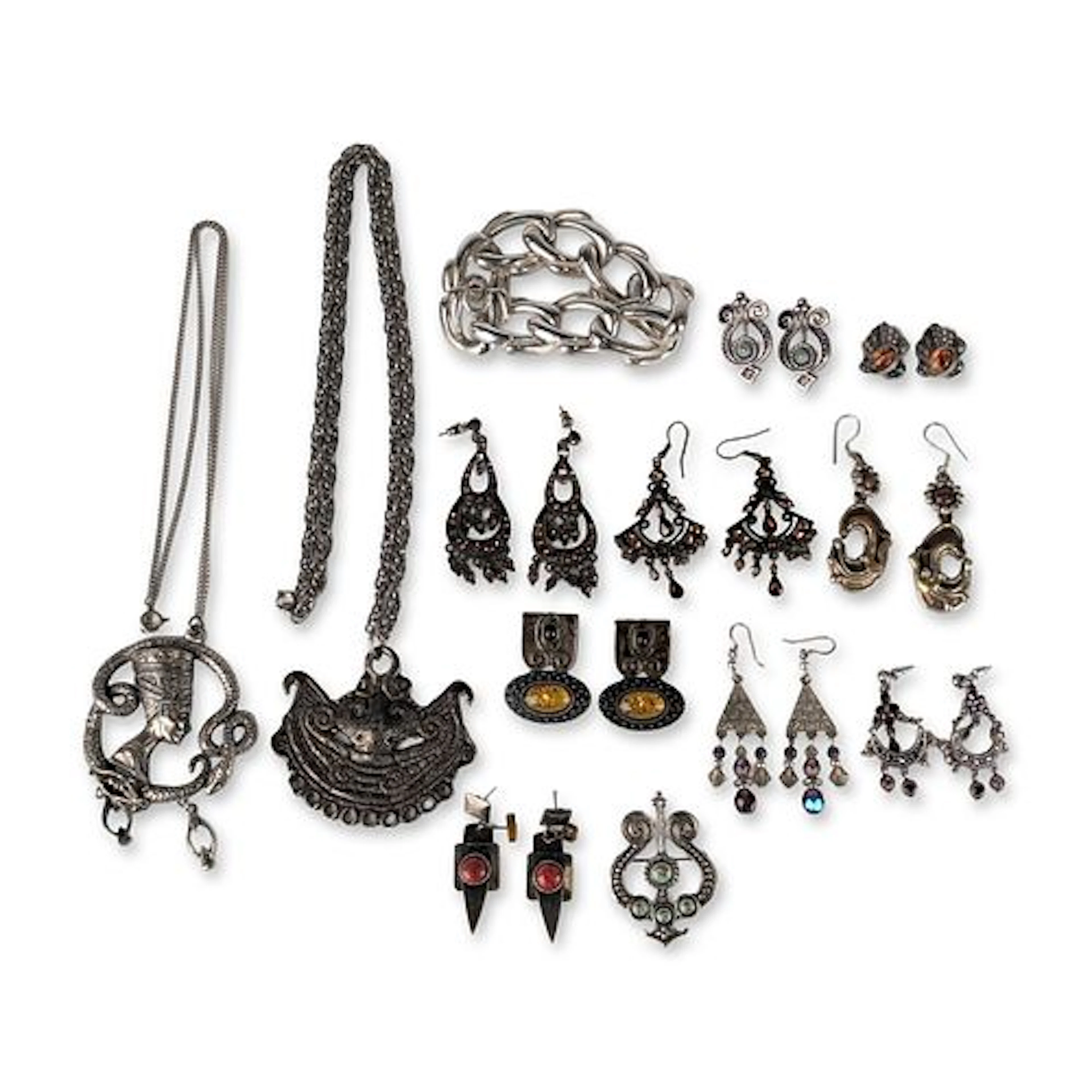 13pc Silver Tone and Egyptian Revival Costume Jewelry Bracelet, Necklaces