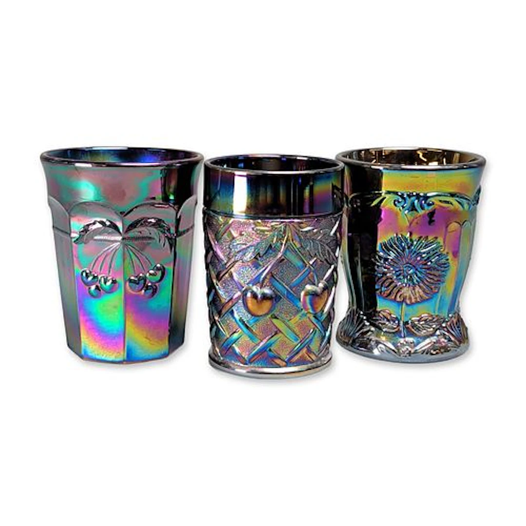 Trio of Amethyst Iridescent Carnival Glass Toothpick Holders