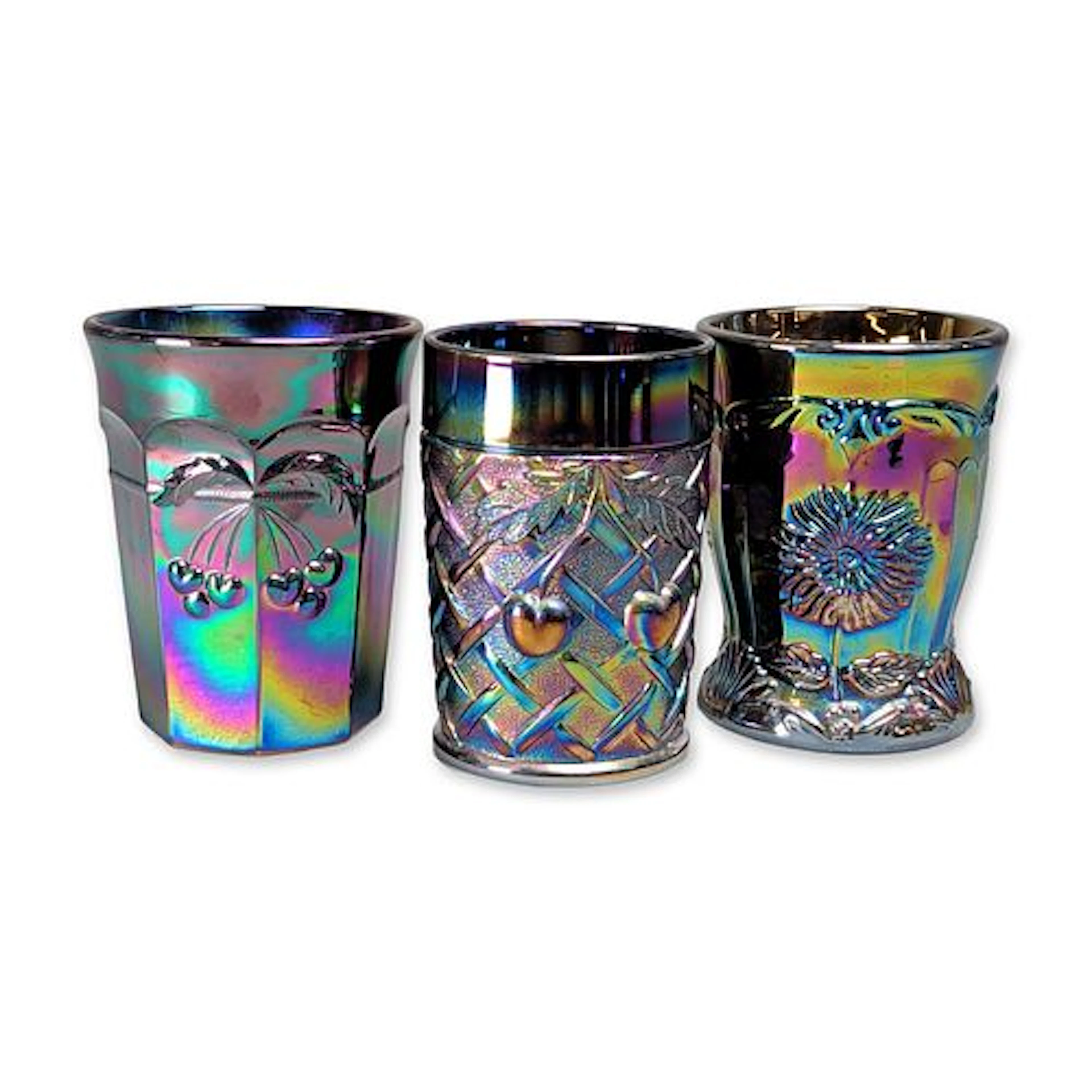 Trio of Amethyst Iridescent Carnival Glass Toothpick Holders