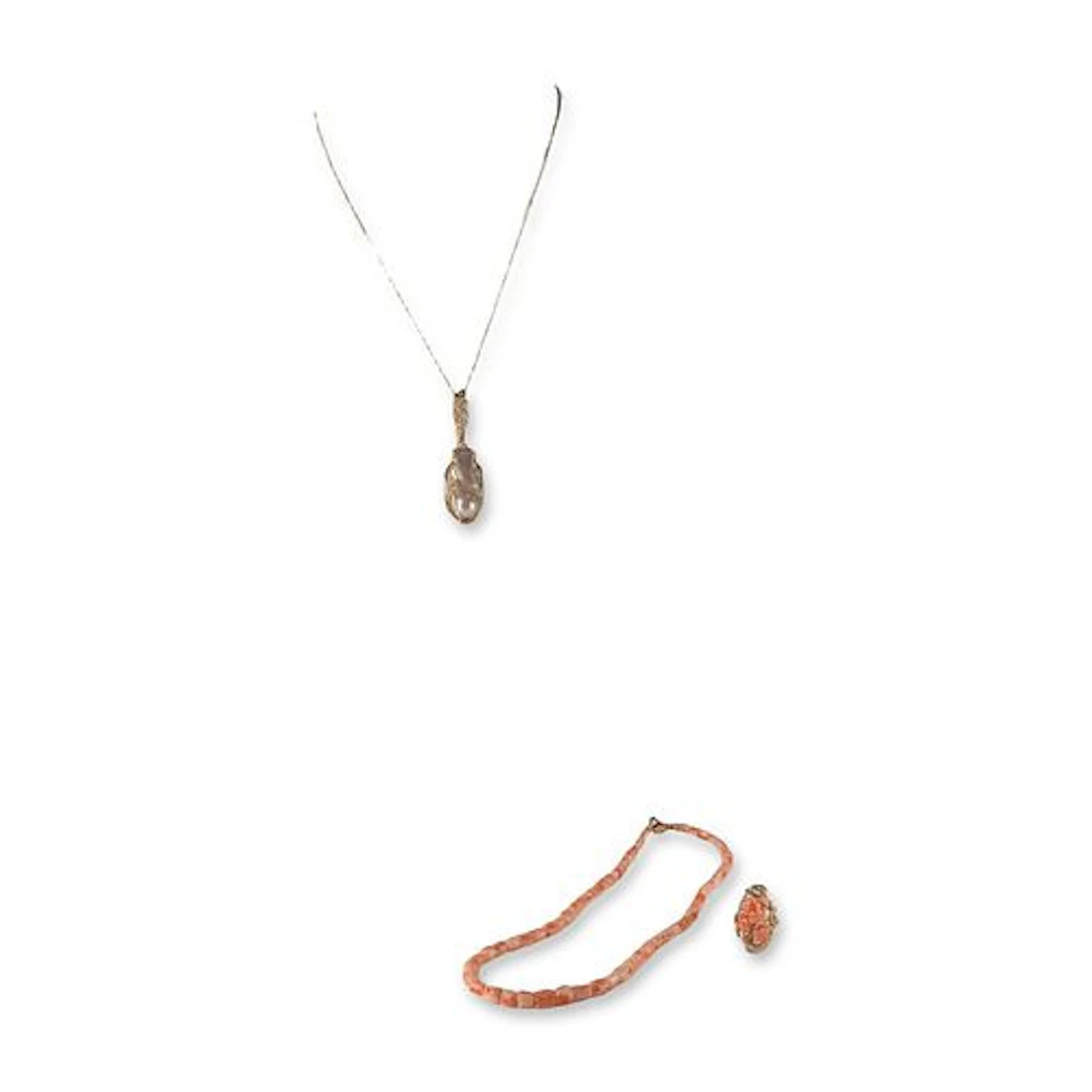 3pc Coral and Baroque Pearl Necklaces and Ring