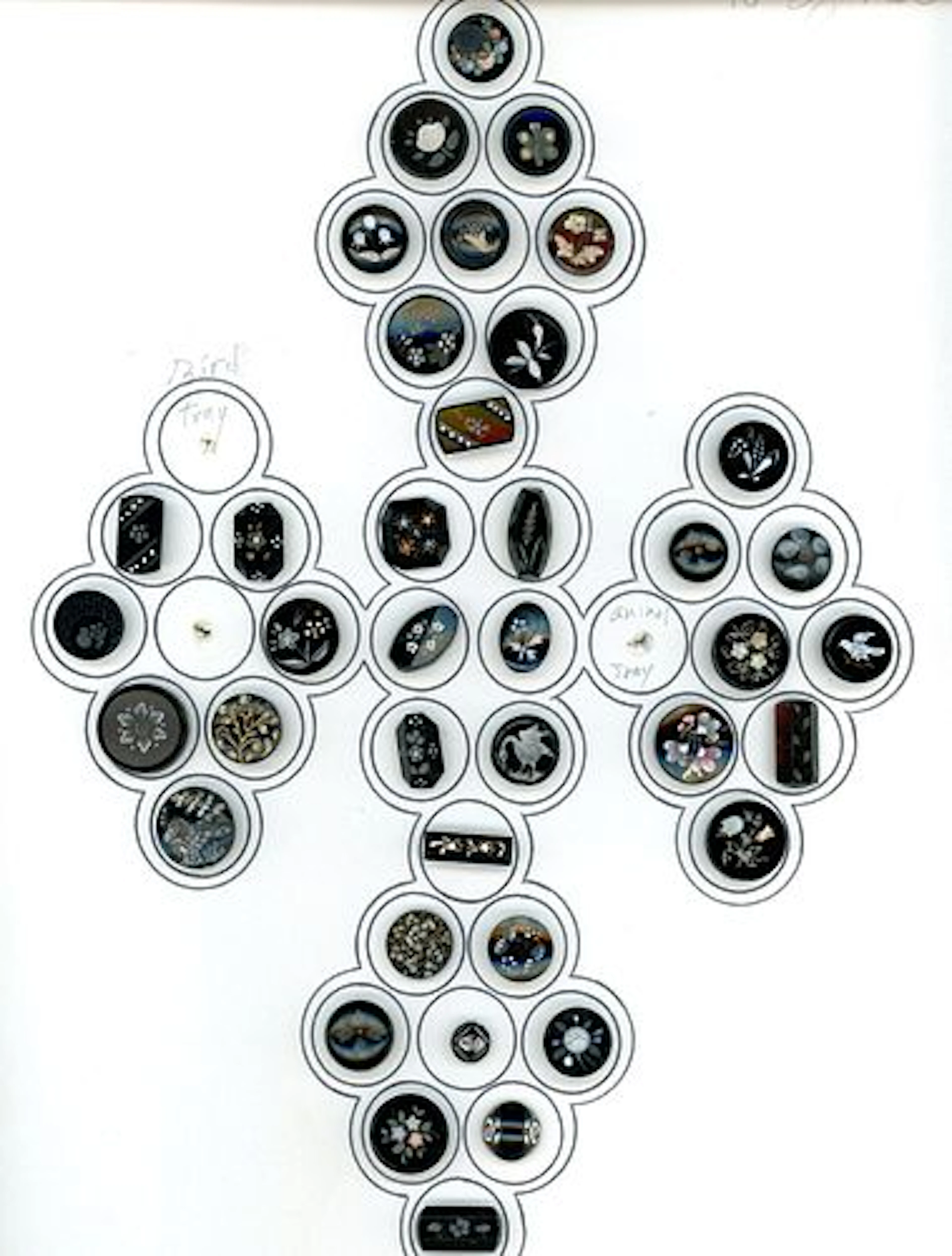 A CARD OF DIVISION ONE BLACK GLASS BUTTONS