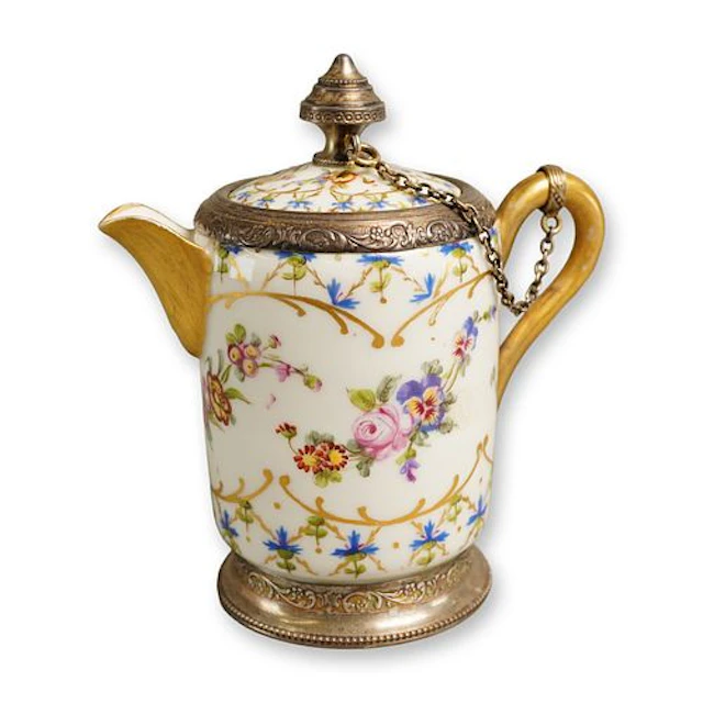 18th Century French Silver-Mounted Sevres-Style Porcelain Covered Cream Jug