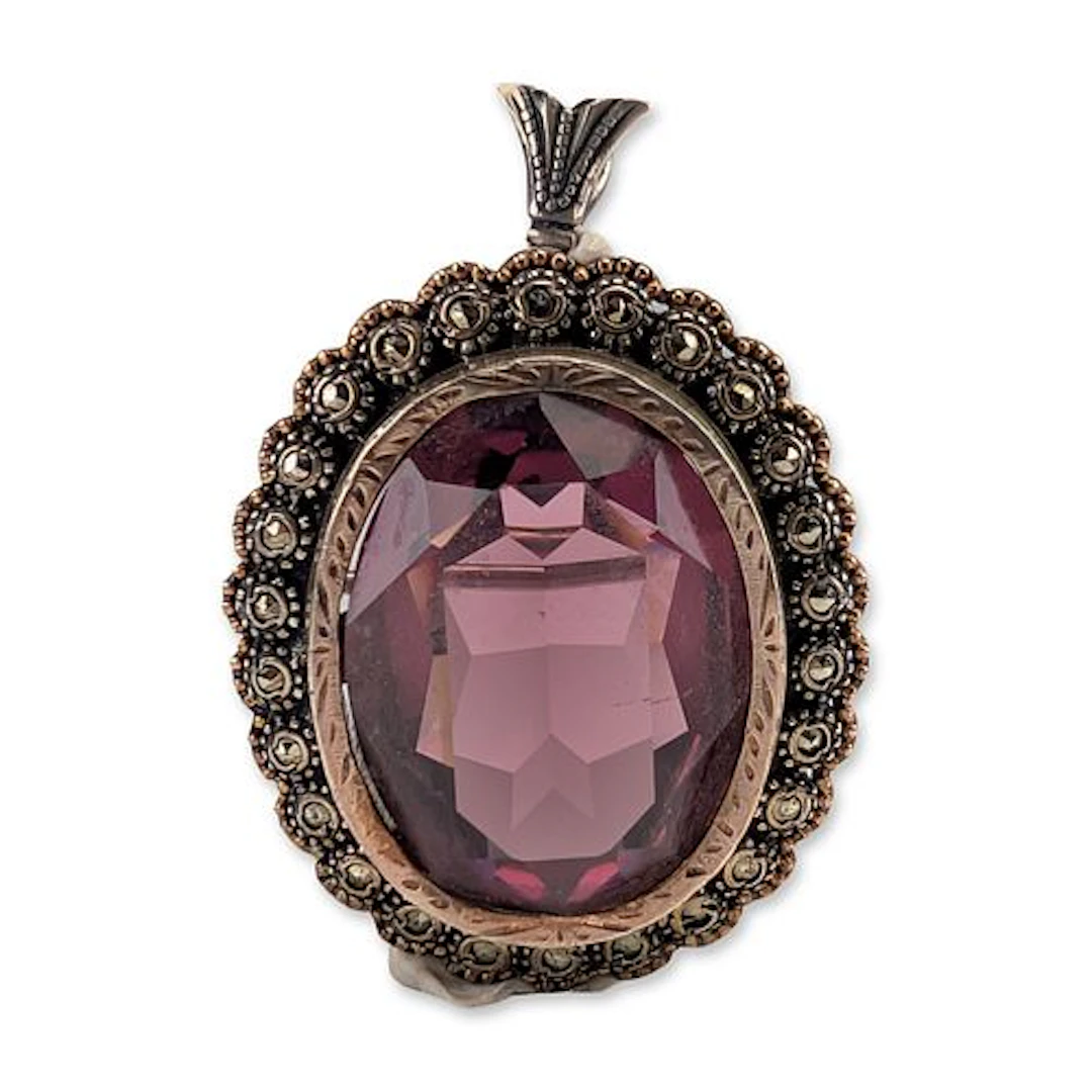 Art Deco Style 800 Silver Marcasite and Purple Glass Pendant Brooch