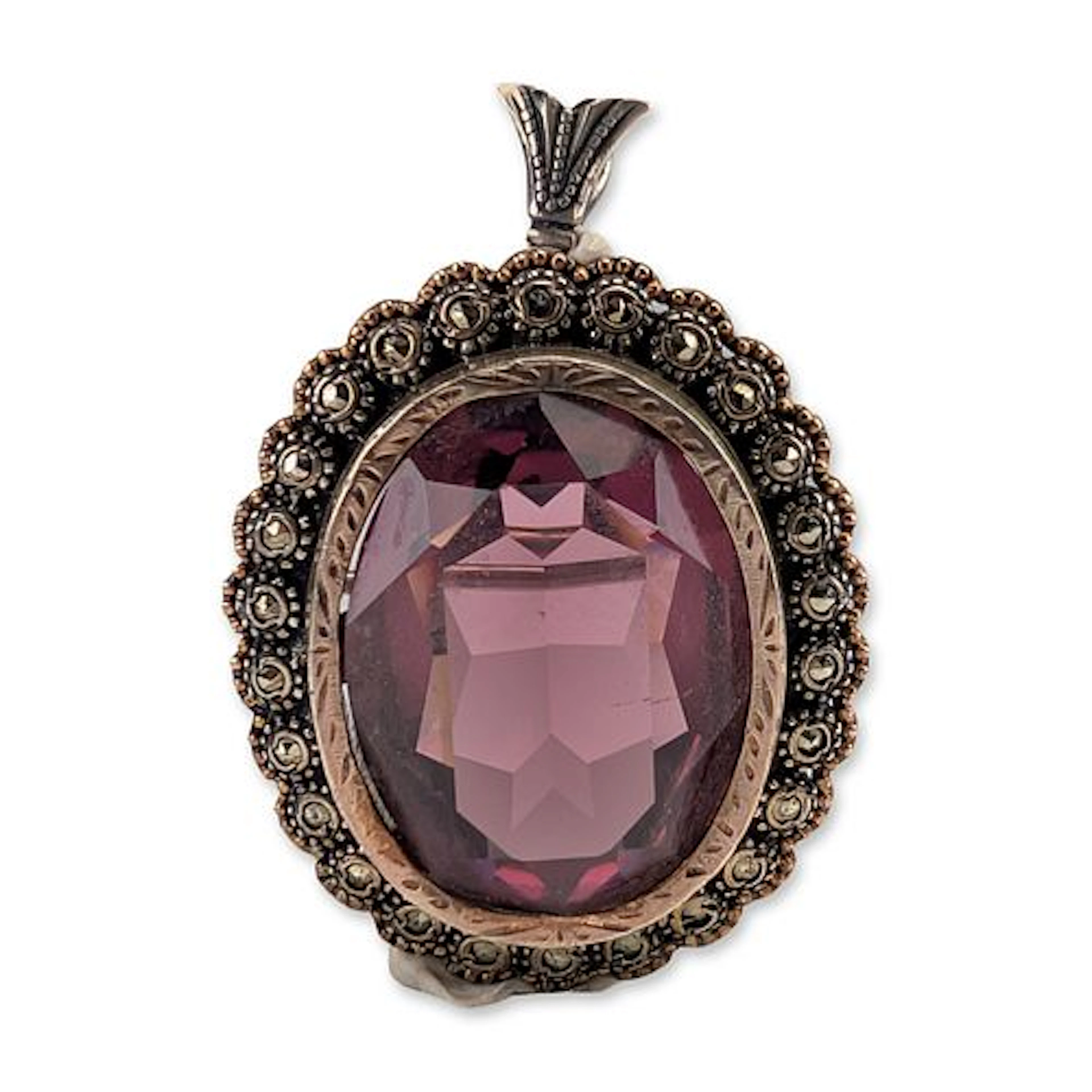 Art Deco Style 800 Silver Marcasite and Purple Glass Pendant Brooch