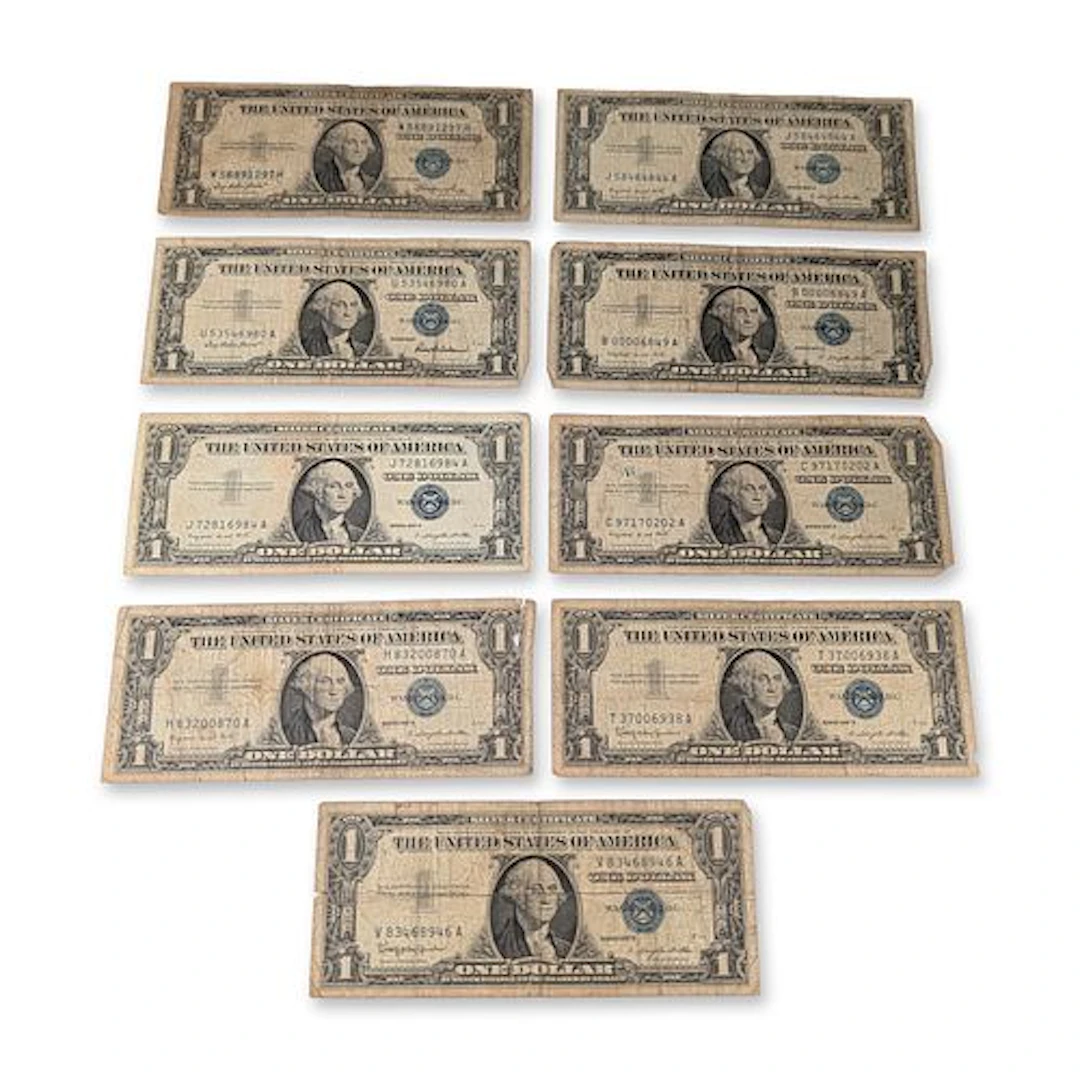 9pc 1935 E, 1957, 1957 A & 1957 BUS One-Dollar Silver Certificates Blue Seal