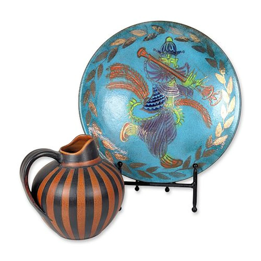 Wilhelm Kagel Ceramic Pitcher and Enameled Copper Centerpiece Bowl