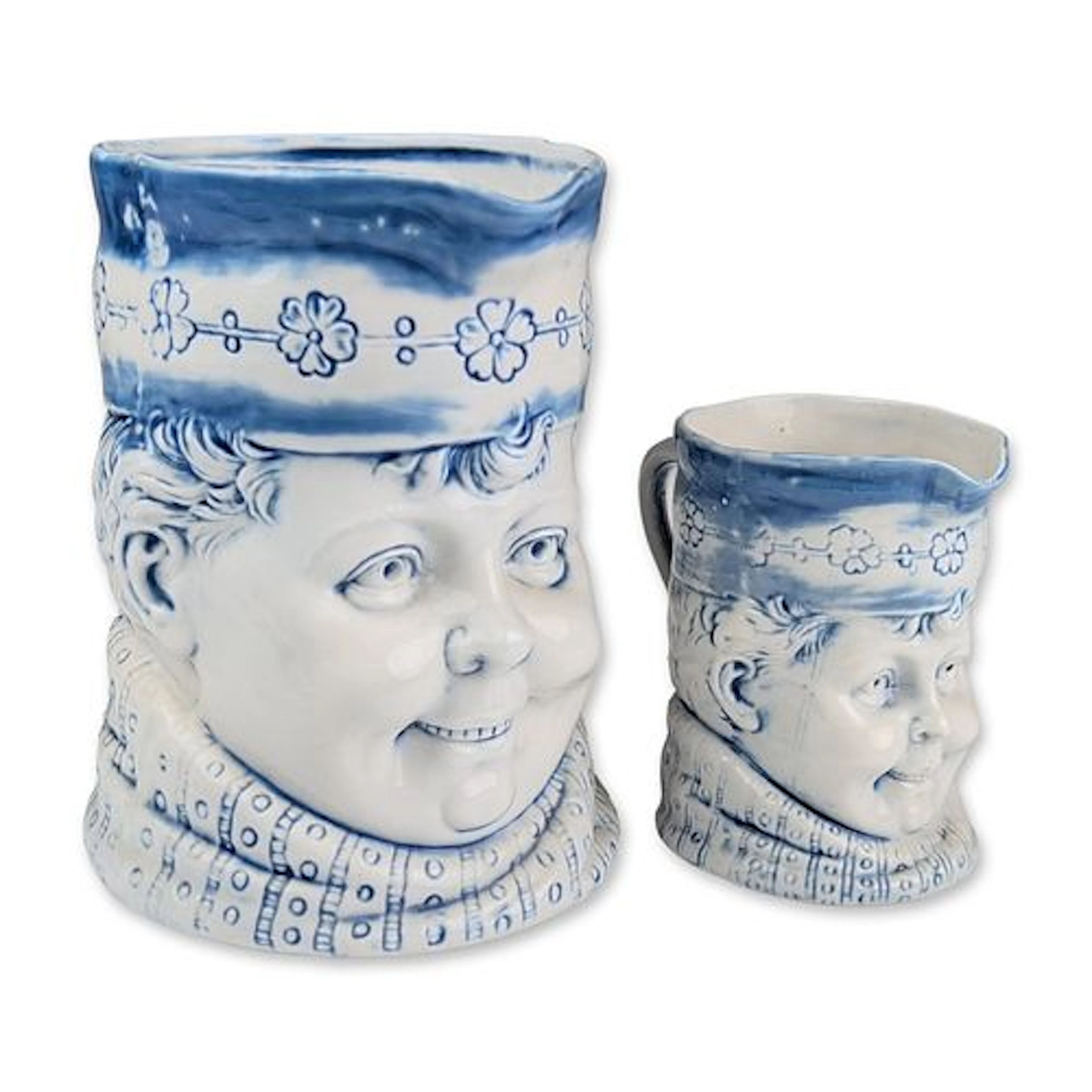 2pc Blue and White Ceramic Character Jugs