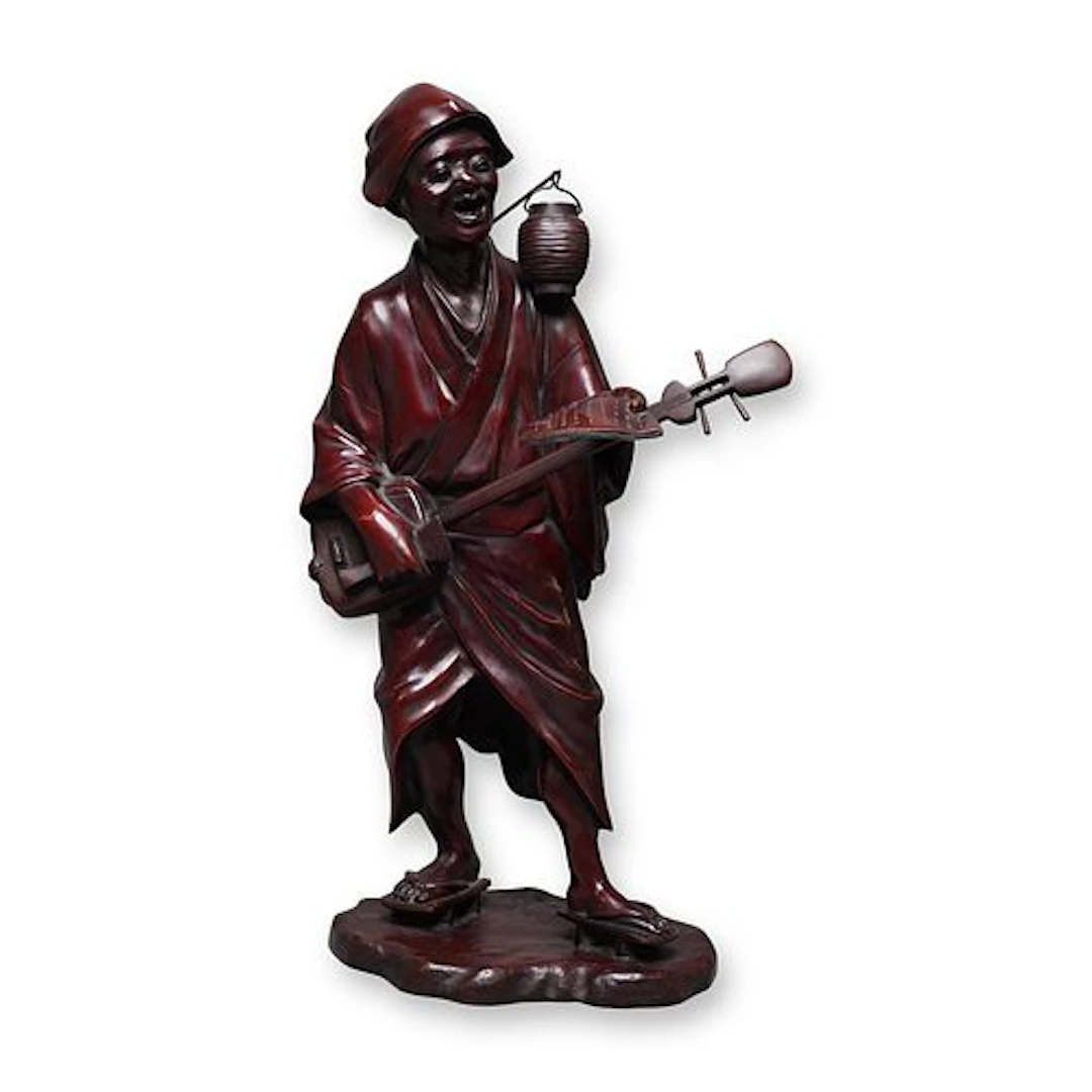 Japanese Tokyo School Patinated Bronze Musician Okimono by Genryusai Seiya