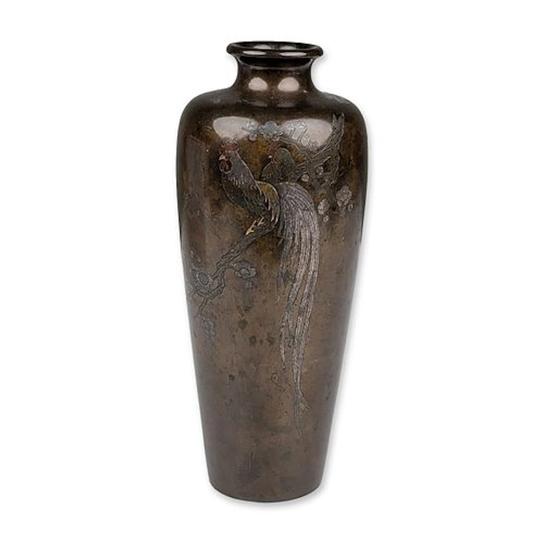 Japanese Bronze Mixed Metal Onagadori Rooster Vase Kyoto Meiji Period